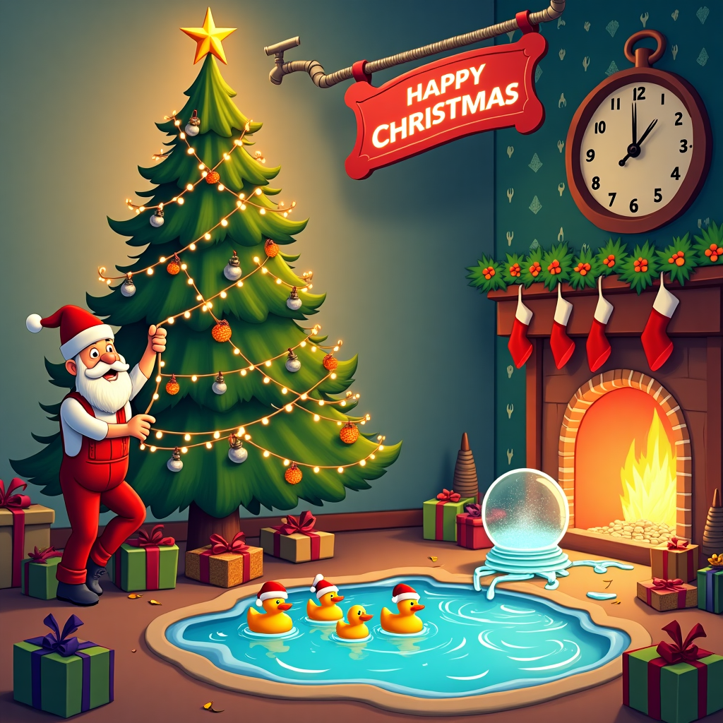 The scene is a vibrant, whimsical Christmas setting featuring a jolly plumber, inspired by the keyword "idraulico." Imagine a cozy living room on Christmas Eve, with the centerpiece being a Christmas tree that humorously takes the shape of a large, cartoonish pipe wrench. The tree is adorned with twinkling lights and ornaments shaped like miniature faucets, taps, and plumbing tools. The floor is scattered with festive, colorful wrapping paper, with gifts shaped like plumbing fixtures tied with shiny red ribbons.

To the left, the quirky plumber character, dressed in a Santa hat and festive overalls, is comically tangled in a strand of twinkling Christmas lights. He's balancing on one foot, trying to fix a leaking snow globe that spills shimmering water into the room, creating a small, sparkling indoor pond.

On the right side of the scene, a family of rubber ducks wearing tiny Santa hats floats merrily on the shimmering water, adding to the lighthearted atmosphere. Above them, a series of pipes form a makeshift banner hanging from the ceiling, intricately spelling out "BM TERMOSANITARIA di Barale Massimo" in glowing, neon script, adding a unique touch to the setting.

The background is a warm, inviting fireplace with stockings hung neatly, with small pipes incorporated into the design, creating a harmonious blend of festive cheer and plumbing theme. The wallpaper features subtle patterns of holly and wrenches, while a whimsical clock shaped like a water meter ticks away the moments to Christmas morning. This unique scene is a delightful blend of festive cheer and plumbing humor, perfect for a Christmas greetings card.
Generated with these themes: idraulico .
Made with ❤️ by AI.
