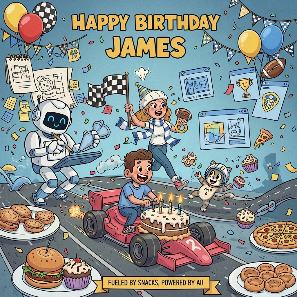 At the top of the Cartoon Style image, “Happy Birthday James” in big, bubbly, bold lettering.

Playful cartoon scene with exaggerated proportions, thick outlines, and bright, saturated colors: In the center, a gleeful James zips past on a tiny Formula One-style race car that’s actually a frosted birthday cake on wheels, sparklers puffing candy-colored exhaust. Beside him, Fiancé Jenny bursts into frame in an energetic, whimsical pose, an engagement ring sparkling as she waves a checkered flag; she sports a white–blue–yellow scarf and holds a football to nod to the Leeds football club. Cat Peter, wide-eyed and mischievous, clings to the car’s rear wing in a miniature racing helmet, one paw swiping a flying cupcake. A friendly AI robot designer hovers to the side with a stylus and a pen-display tablet, “designing” the party live: floating UI-style panels show goofy icons (blueprints, paint swatches, a trophy, slices of pizza) while the bot pipes icing onto snacks with precision. The background is a joyful whirlwind of creative chaos—sketch pads, color swatches, and sticky notes whirling with balloons, confetti, and streamers; a scarf-colored mini racetrack loops through plates of burgers, pizza, cupcakes, and Yorkshire puds; checkered balloons and football-patterned bunting crisscross overhead. Big smiles, bouncy motion lines, and chunky shadows sell the comedic, high-energy vibe.

Add a single cheeky caption near the bottom on a small ribbon: “Fueled by snacks, powered by AI!”
Generated with these themes: Fiancé Jenny, Cat Peter, AI, designing, food, Leeds football club, Formula one, and .
Made with ❤️ by AI.