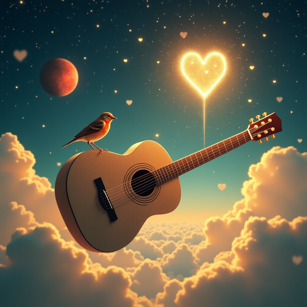 Heaven , Stars , Hearts, Robin, and Guitar Birthday Card