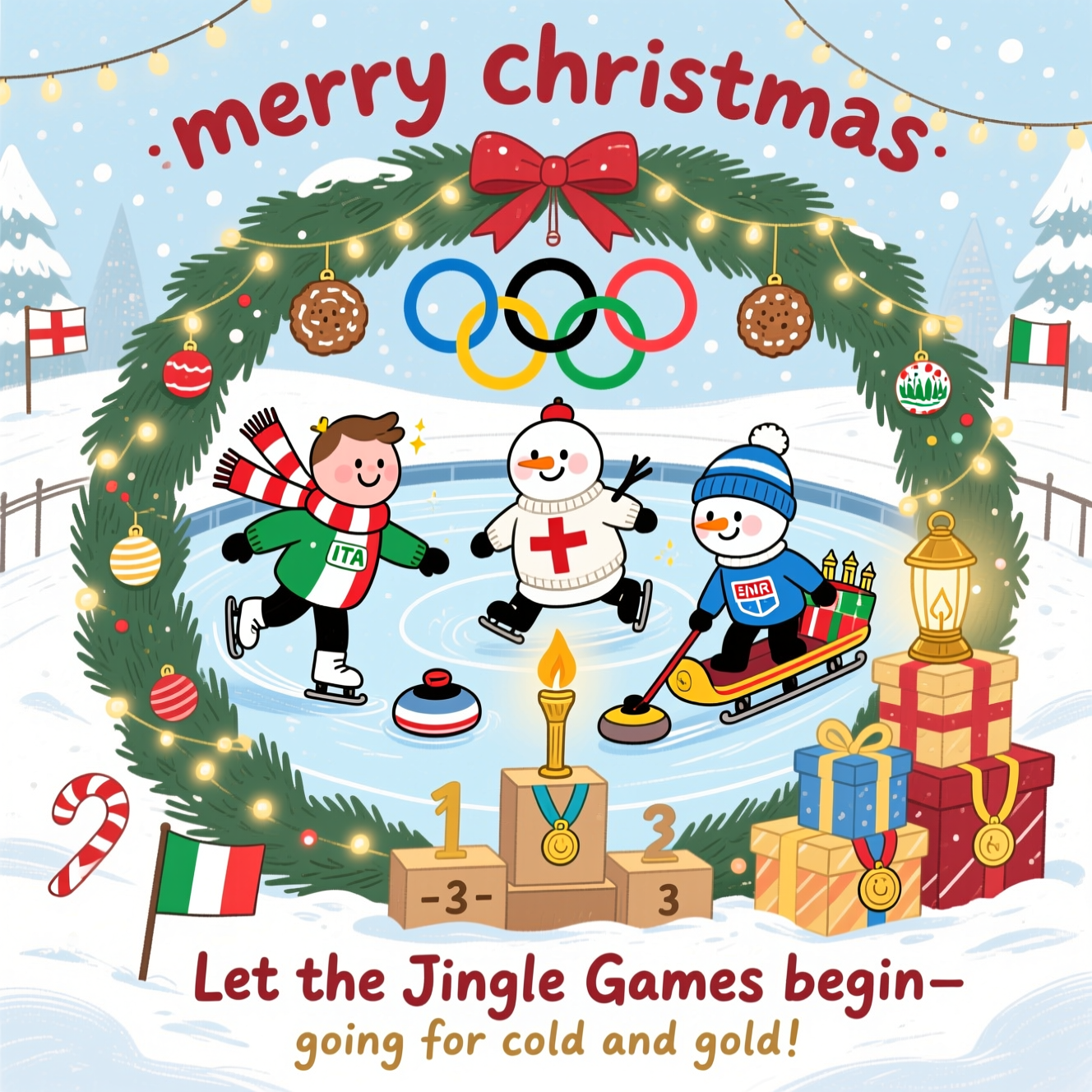 It has to include the winter olimpic games and the simbols of it and italy england and san marino, and Christmas Card