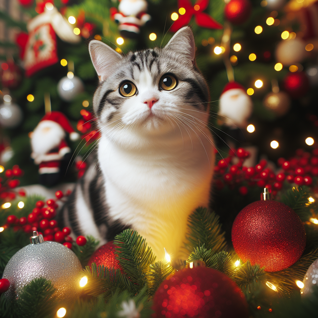 A jolly scene unfolds with a full-grown Domestic Shorthair cat sitting amidst a festive yuletide backdrop. Its white and grey fur, adorned with black stripes, elegantly contrasts the vibrant reds and greens of the decor. Bright yellow eyes glisten like baubles under the twinkling Christmas lights.
.
Made with ❤️ by AI.