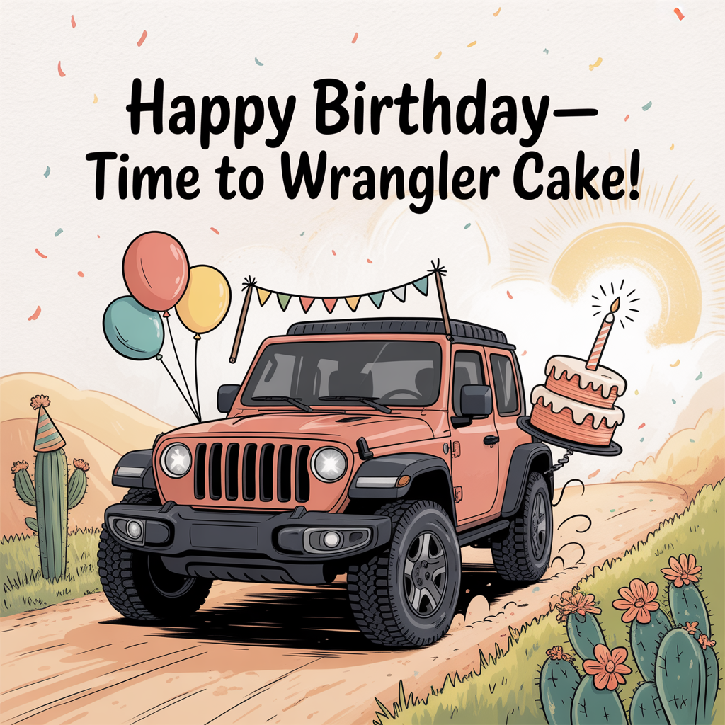 Text-first headline (one line, big and bold at the top center):
“Happy Birthday—time to Wrangler cake!”

Scene description:
- Below the headline, a cute, hand-drawn Jeep Wrangler in chibi proportions, three-quarter view, with friendly round headlight “eyes,” a soft smile suggested in the grille, and chunky tires kicking up confetti instead of dust.
- The roll bar is strung with mini bunting flags; colorful balloons are tied to the side mirrors; a frosted birthday cake is strapped to the spare tire with a big ribbon and a single sparkling candle.
- Background: a sunny trail lined with wildflowers and a couple of party-hat cacti, gentle hills and a warm sky with soft sun rays; subtle confetti drifting around for a celebratory feel.

Style and palette:
- Hand-drawn illustration with fine linework and textured brush strokes; paper-grain texture visible.
- Warm, expressive colors: honey yellow, coral, peach, teal accents, and soft sky blue; linework in dark cocoa.
- Balanced composition where the headline is the hero, the Jeep sits centered beneath, and ample negative space keeps it clean and cute.

Lighting and finish:
- Soft golden-hour glow, delicate shadows, and a cozy, whimsical mood.
- No other text or logos; no watermarks.
Generated with these themes: Jeep wrangler , and .
Made with ❤️ by AI.