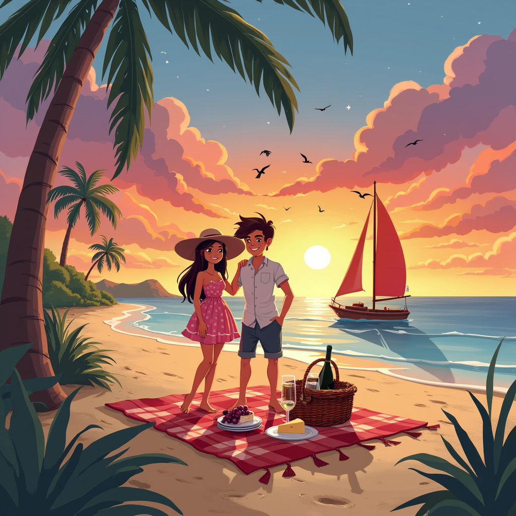 Sure, let's paint a vivid and enchanting anniversary scene!

**Scene Description:**

Picture a serene, sandy beach at sunset. The sky is ablaze with a spectrum of colors: rich oranges, soft pinks, and warm purples blending into the horizon where the sun is just beginning to dip below the waterline. In the foreground, there's a small, charming picnic setup—a large, checkered blanket in red and white spread out on the sand. On the blanket, there's a wicker basket with its lid open, revealing an assortment of goodies: a bottle of sparkling cider, two glasses, a plate with cheese and grapes, and a small cake.

At the center of this cozy setting are two cartoon characters, reminiscent of Charles Schulz’s Peanuts style, but with the warmth and detail akin to Walt Disney's works. One is a woman with a wide-brimmed sun hat and a flowing summer dress, her hand gently resting on the shoulder of a man with tousled hair and a simple but stylish button-up shirt and shorts. They are both barefoot, with their toes playfully digging into the sand.

Behind them, the gentle waves are lapping at the shore, and further back, a small sailboat with a red sail is lazily drifting along the calm waters, reminiscent of Hergé's adventurous spirit in Tintin. Along the beach, palm trees sway lightly in the breeze, their leaves capturing the last glimmers of the setting sun.

Now, here's the quirky, creative twist: The name "Husband" is incorporated into the scene in a whimsical and unique way. In the sky, wispy clouds form the letters of "Husband" as if the name is being gently painted across the sunset backdrop. Additionally, tiny birds are flying around the cloud-formed letters, adding a dynamic touch that harks back to the imaginative flights of fancy found in Winsor McCay’s Little Nemo in Slumberland.

To add an extra layer of charm, there’s a heart drawn in the sand beside the couple, and inside the heart, the initials of the couple (e.g., "H + W") are written, further personalizing the scene. Nearby, a small, inquisitive crab is peeking out from behind a seashell, a nod to Gary Larson’s quirky and playful style.

The whole scene is framed by gently arching palm fronds, almost like a natural border, bringing everything together in a harmonious and delightful illustration perfect for an anniversary greeting card.

**Summary:**

1. Beach at sunset with vivid sky colors.
2. Checkered picnic blanket with food and cake.
3. Cartoon couple inspired by Schulz and Disney.
4. Sailboat and palm trees in the background.
5. "Husband" spelled out in clouds with birds.
6. Heart in the sand with initials inside.
7. Inquisitive crab near a seashell.

This detailed scene captures the essence of a romantic anniversary, blending whimsical elements with heartfelt touches, all while paying homage to some of the greatest artists in cartoon history.
Generated with these themes: Beach, and Sunset.
Made with ❤️ by AI.