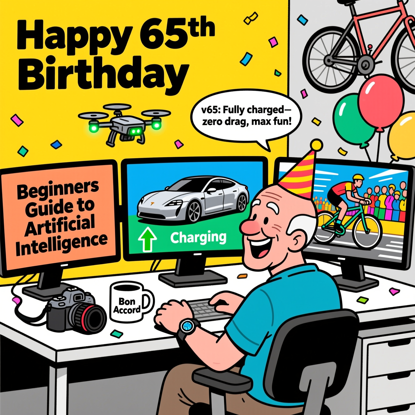 At the top of the Cartoon Style image, Happy 65th Birthday

Playful, bright, saturated cartoon scene with thick black outlines and exaggerated proportions, in portrait orientation. A completely bald, cheerful 65-year-old man (no hair even at the back, shiny highlight) sits at a modern desk wearing a smartwatch, grinning in an energetic pose. In front of him are three curved monitors:
- Left monitor: big friendly on-screen title reading “Beginners Guide to Artificial Intelligence”.
- Center monitor: a sleek silver-grey Tesla car in 3/4 view; beneath the car the word “Charging” with a green upward battery graph.
- Right monitor: a dynamic cyclist mid-race with motion lines and a colorful crowd.

On the desk: a DSLR camera and a white coffee mug printed in bold black letters “Bon Accord”. A small drone with blinking lights zips above the desk, and there’s a bicycle leaning against the wall in the background. Add fun birthday touches: a party hat on the man, balloons and a sprinkle of confetti.

Add one small speech bubble from the man: “v65: Fully charged—zero drag, max fun!”

High-contrast, clean composition, bold shapes and expressive cartoon features; keep all on-screen and mug text crisp and legible.
Generated with these themes: Drones, cameras, computer, bike, , and .
Made with ❤️ by AI.