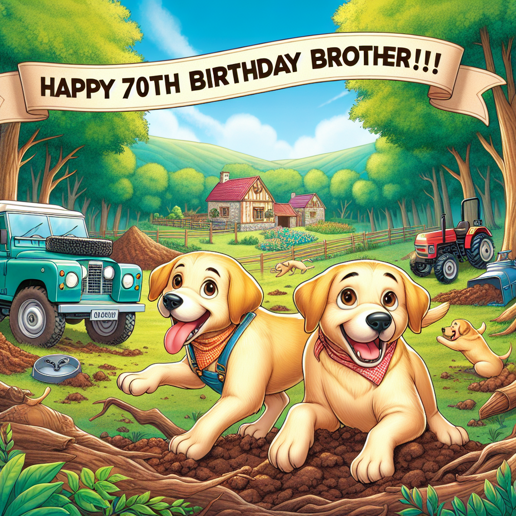 Generate a charming cartoon illustration of a rural birthday celebration. The prominent detail is a banner saying 'Happy 70th Birthday Brother!!!'. Beneath this cheerful greeting, lay a quaint woodland scene with two jubilant golden Labrador dogs frolicking in the foreground. Signs of rural life, such as a tractor and a Land Rover, subtly suggest impending country escapades. In the background, a farm sits nestled against the woods, with a female farmer of South Asian descent visible in the frame, adding to the sense of pastoral tranquility.
Generated with these themes: Happy 70th Birthday Brother!!!, Woodland setting, Two golden Labrador dogs, Tractor, Land Rover , and Farmer wife in distance by small house.
Made with ❤️ by AI.
