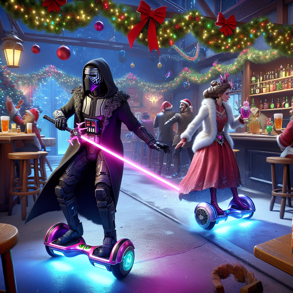 Amid a jolly Christmas setting, complete with garlands and mistletoe, Darth Vader gives chase to Princess Leia on high-tech hoverboards inside a cosmic watering hole. Vader's pink lightsaber contrasts humorously with his dark persona. They weave around the rowdy patrons, who find the situation entertaining, as evidenced by their raucous laughter and the merry jingling of their pint glasses.
Generated with these themes: Darth vader on a hoverboard chasing princess leia who is also on a hoverboard , Inside a bar abroad , Being watched by rowdy men drinking pints and laughing, and Darth vader has a large pink lightsaber.
Made with ❤️ by AI.