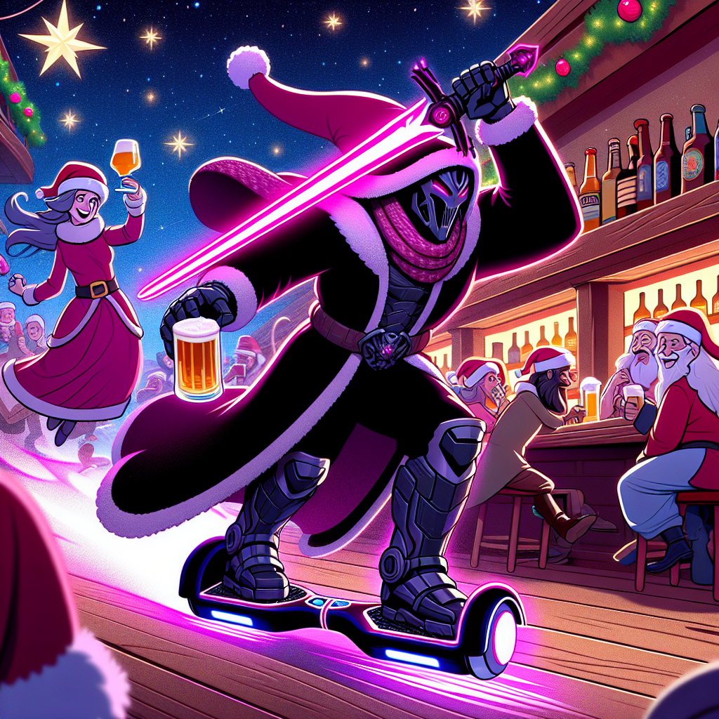 Darth vader on a hoverboard chasing princess leia who is also on a hoverboard , Inside a bar abroad , Being watched by rowdy men drinking pints and laughing, and Darth vader has a large pink lightsaber Christmas Card