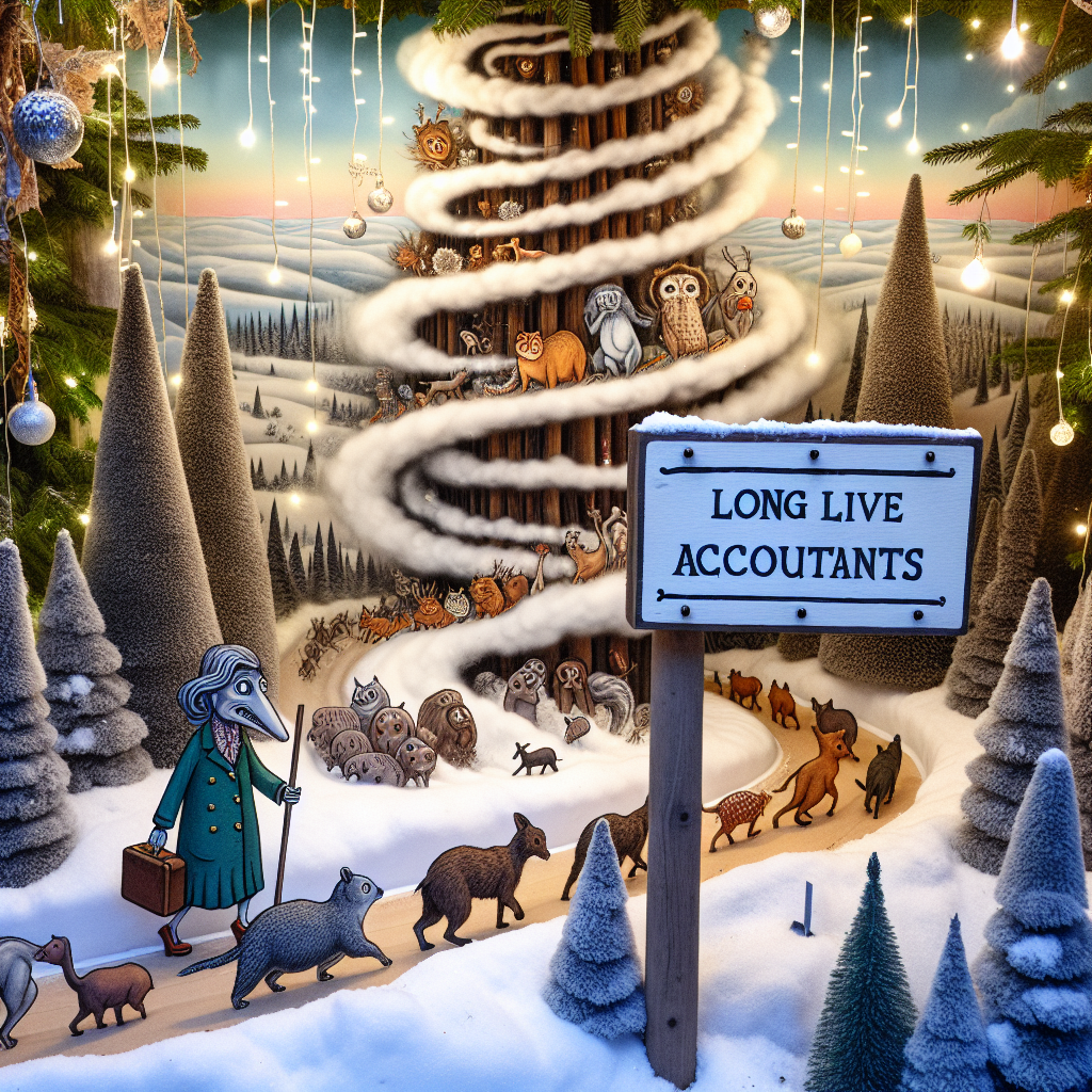 Against a backdrop of Siberian forest, a cute illustration shows Mother Nature dressed as a traffic warden, directing a parade of animals through a sawdust storm, whimsically implying they've contributed to the flurry with their farts. Amidst the snowy scene, 'Long live accountants' is inscribed on a rustic wooden sign, adorned with Christmas lights and festive decorations.
Generated with these themes: Traffic warden siberia sawdust mother nature, and Fart.
Made with ❤️ by AI.