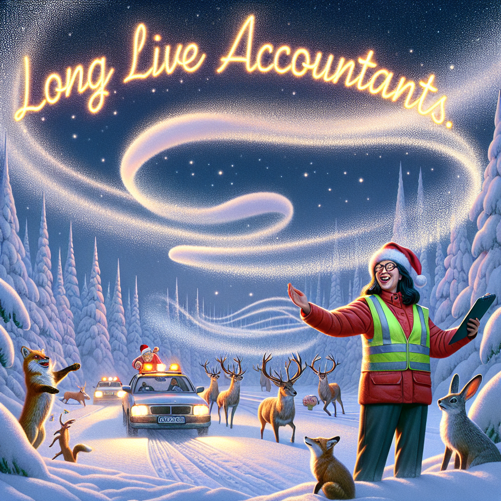 A heartwarming Christmas illustration depicts a smiling traffic warden in wintry Siberia, with a gentle snow of sawdust swirling around, giving the impression of an enchanted forest crafted by Mother Nature herself. Frolicking in the background, a group of festive animals are humorously caught in the act of a synchronized fart, adding a touch of whimsy. Prominently displayed in the sky, the phrase 'Long live accountants' is written in twinkling holiday lights.
Generated with these themes: Traffic warden siberia sawdust mother nature, and Fart.
Made with ❤️ by AI.