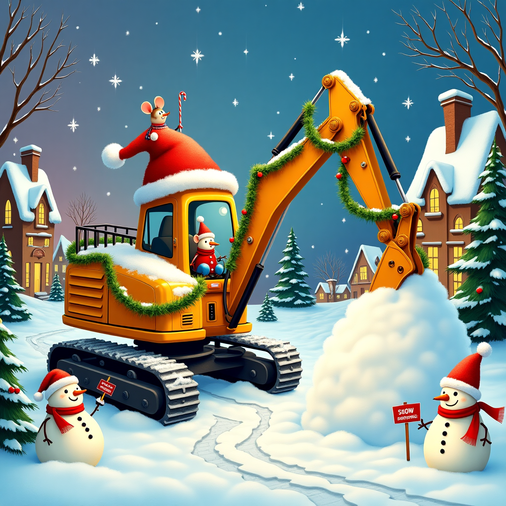 In the heart of a whimsical winter wonderland, a jolly, anthropomorphic excavator—wearing a Santa hat and a merry scarf—dominates the foreground of the Christmas card. Inspired by the playful lines of Quentin Blake and the detailed textures reminiscent of Arthur Rackham, the excavator's shovel is adorned with vibrant red and green garlands and twinkling Christmas lights. Its treads carve playful tracks in the snow, mimicking the twisting patterns of a winter maze. Around it, snowmen with carrot noses and coal eyes cheerfully hold signs that read “Snow Excavating in Progress!” The background features a quaint, storybook village with charming, snow-capped rooftops and chimneys gently puffing wisps of smoke, akin to a Norman Rockwell painting. Fluffy, frosty evergreens, dotted with ornaments, frame the scene, their branches hanging low with the weight of fresh snow. A tiny, whimsical figure, perhaps a mischievous elf or an adventurous mouse donning a Beatrix Potter-style waistcoat, perches atop the excavator's cabin, directing operations with a candy cane as a baton. High above, the sky is a twilight tapestry of pastel purples and blues, sprinkled with twinkling stars, echoing the dreamy quality of a Maxfield Parrish sky. This magical scene captures a delightful and humorous fusion of the mundane with the fantastical, inviting viewers into a world where even construction machinery gets into the holiday spirit.
Generated with these themes: Escavatore .
Made with ❤️ by AI.
