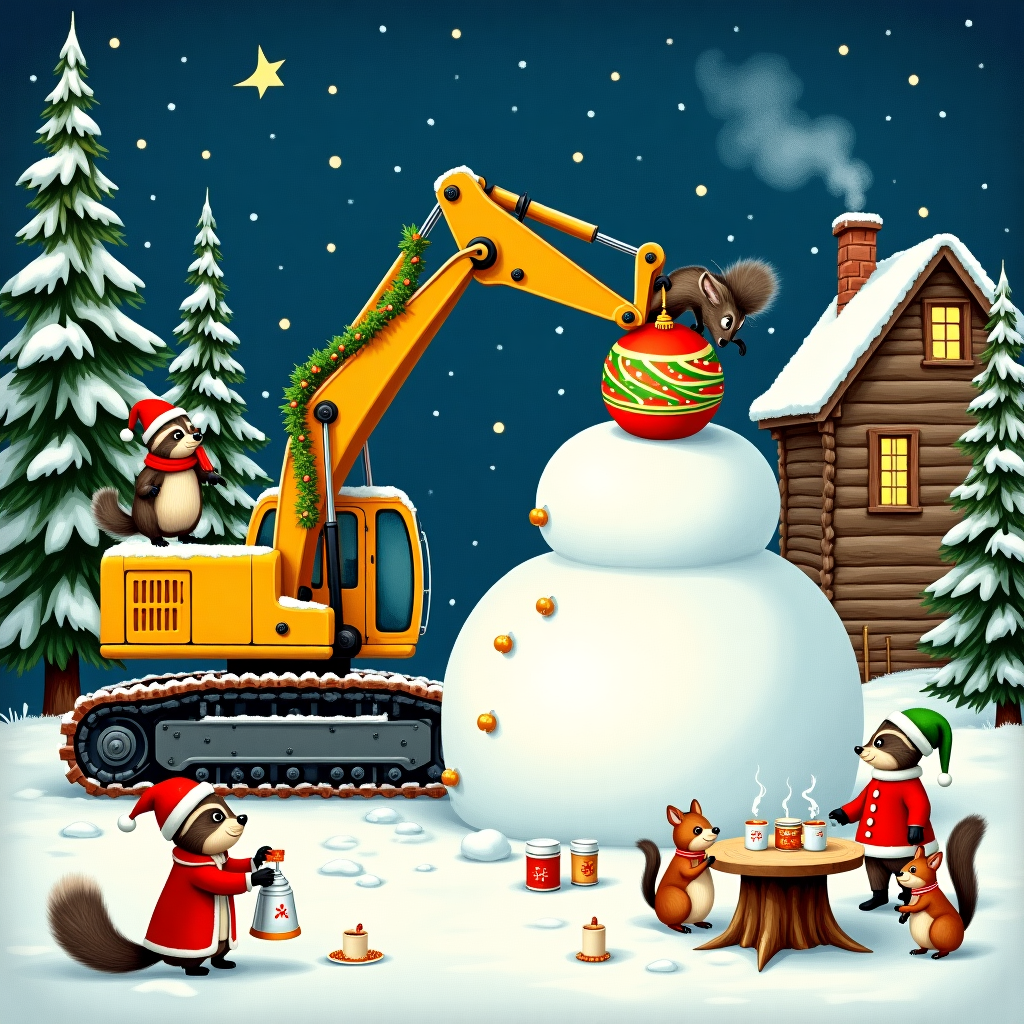 The Christmas greeting card cover presents a whimsical winter construction site nestled in a snowy woodland clearing. At the center of the scene, a jolly yellow excavator, adorned with a Santa hat on its cab and a garland wrapped around its arm, is merrily scooping a pile of snow into a festive heap. The bucket of the excavator holds an oversized, colorful Christmas ornament, with bright red, green, and gold swirls, ready to be placed atop the growing mound of snow to form an enormous snowman.

Surrounding the excavator, a cast of forest animals are hard at work, assisting in the construction of this towering snowman. A portly raccoon wearing a tiny, red scarf balances on the excavator's tread, holding a carrot nose aloft with both paws, ready for installation. Nearby, a pair of mischievous squirrels in green elf hats scurry up and down a pine tree, festooning it with popcorn garlands and acorn ornaments, reminiscent of a Beatrix Potter tale.

In the background, a Norman Rockwell-inspired log cabin, with smoke gently curling from its chimney, sits amidst the tall, snow-laden pine trees, their branches draped in twinkling lights. A crescent moon and a smattering of stars sparkle in the deep indigo sky, casting a silvery sheen over the scene, reminiscent of Maxfield Parrish's luminous landscapes.

Foreground details reveal a small tableau of woodland critters gathered around an outdoor table fashioned from a tree stump, enjoying steaming cups of cocoa. A hedgehog, donning a red Santa coat, pours hot chocolate from a vintage thermos, while a curious doe peers over his shoulder, her eyes wide and glistening in the starlight.

The combination of mechanized merriment and bustling animal activity creates a charming, humorous narrative of holiday construction, weaving elements of whimsy and winter wonder in the spirit of the master illustrators who inspired the scene.
Generated with these themes: Escavatore .
Made with ❤️ by AI.