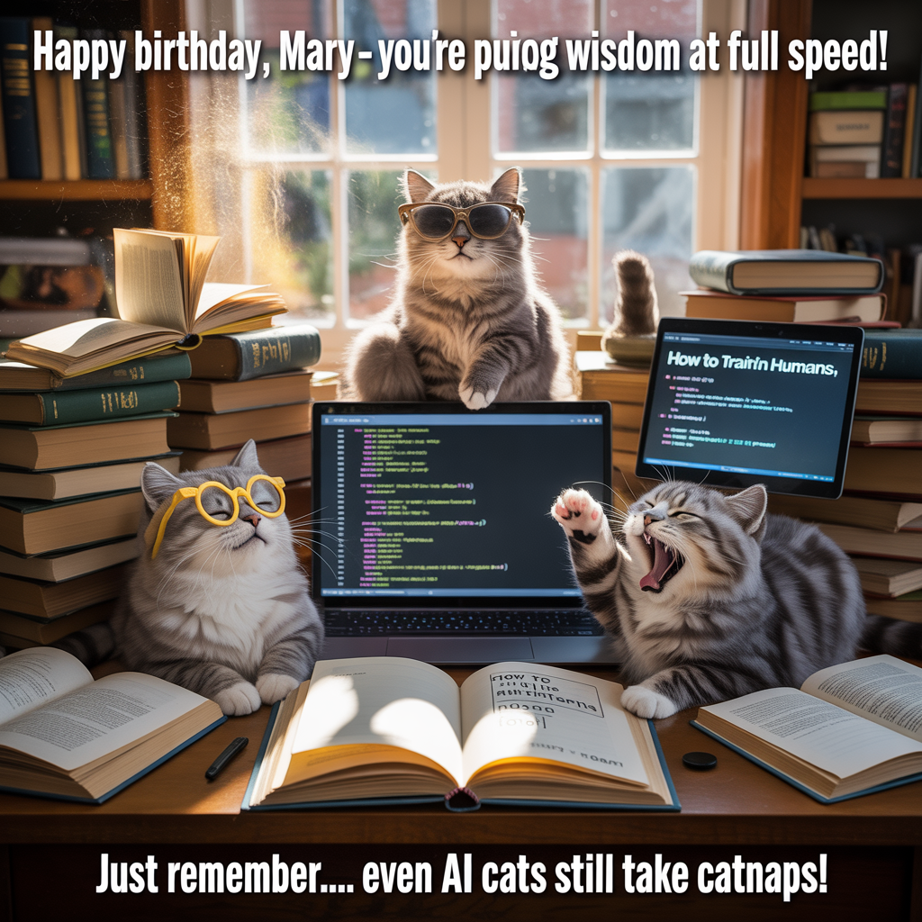 At the top of the image, "Happy Birthday, Mary – You’re Purr-suing Wisdom at Full Speed!"  

At the bottom of the image, "Just remember… even AI cats still take catnaps!"  

- In the center, a hyper-realistic 4K photograph of three fluffy, expressive cats sitting around a messy desk piled high with open books, glowing tablets, and printed AI code diagrams. One cat wears tiny reading glasses and squints at a laptop screen displaying lines of Python code, another cat is dramatically pawing at a tablet showing a “How to Train Humans” manual, and the third cat is mid-yawn, clearly over it. Sunlight streams in from a window, dust motes caught in the golden glow, giving the scene a warm and comedic authenticity. The depth of field draws the eye to the cats’ whiskers and fur textures, making them look so real you could reach out and pet them.
Generated with these themes: Cats AI Reading, and .
Made with ❤️ by AI.