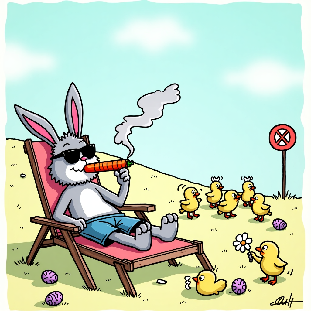 **Prompt:**

At the top of the cartoon image, “Hoppy Easter, Cecilia — Somebunny's been hitting the carrot cigars again!”

A cartoon-style illustration of a scruffy Easter Bunny lounging on a deck chair, wearing sunglasses and holding a long, thin carrot like a cigarette with smoke spiraling out of it. Around the bunny, half-decorated Easter eggs are scattered haphazardly, and there’s a small “NO SMOKING” sign comically ignored in the background. A flock of shocked chicks are watching from a safe distance while one little chick tries to fan the air with a daisy. The sky is bright, cheerful, and pastel-colored, contrasting humorously with the bunny’s cool, rebellious vibe.
Generated with these themes: SMOKING BUNNY, and .
Made with ❤️ by AI.