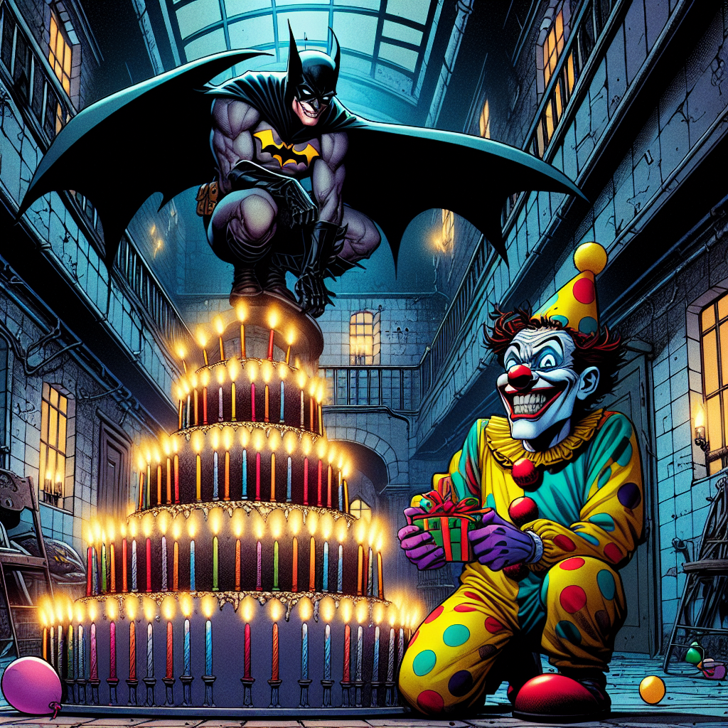 In an extraordinary celebration setting, the dimly lit hallways of an eerie gloomy asylum are converted into an amazingly festive area where the austerity of a comic-book universe collides with the jollity of an unexpected birthday party. Cartoon-style illustrations of a Bat-themed vigilante and a Clown-themed prankster are the highlight amidst peculiar party decorations. The vigilant hero crouches atop a massive, candle-lit birthday cake, maintaining a watchful gaze on his arch-nemesis, who is garbed as a playful birthday clown, distributing 'surprise-filled' presents to the unseen party attendees.
Generated with these themes: Batman, DC comics, Drawing, Anime, The Joker, and Arkham Asylum.
Made with ❤️ by AI.