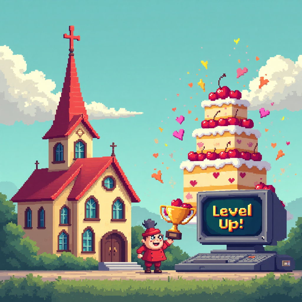 At the top of the Pixel Art Style image, place the text: "Paljon onnea Oliverille rippipäivänä!"

**Image Prompt:**

Create a delightful 8-bit pixel art scene with vibrant, limited colors. Picture a whimsical church with a bright steeple and stained-glass windows, situated on the left. Next to it, a towering cake with multiple layers adorned with quirky pixelated patterns and comically oversized cherries. To the right, a retro-style computer with a flashing congratulatory message on the screen, emitting pixelated hearts. In front of this scene, a pixel character dressed in celebratory attire, holding a tiny pixel trophy with the text: "Level Up!" above their head in bold, playful font. The overall vibe should be joyful and humorous, capturing the essence of a special day celebrated in a quirky, tech-loving way.
Generated with these themes: Church, Cake, computer, and .
Made with ❤️ by AI.