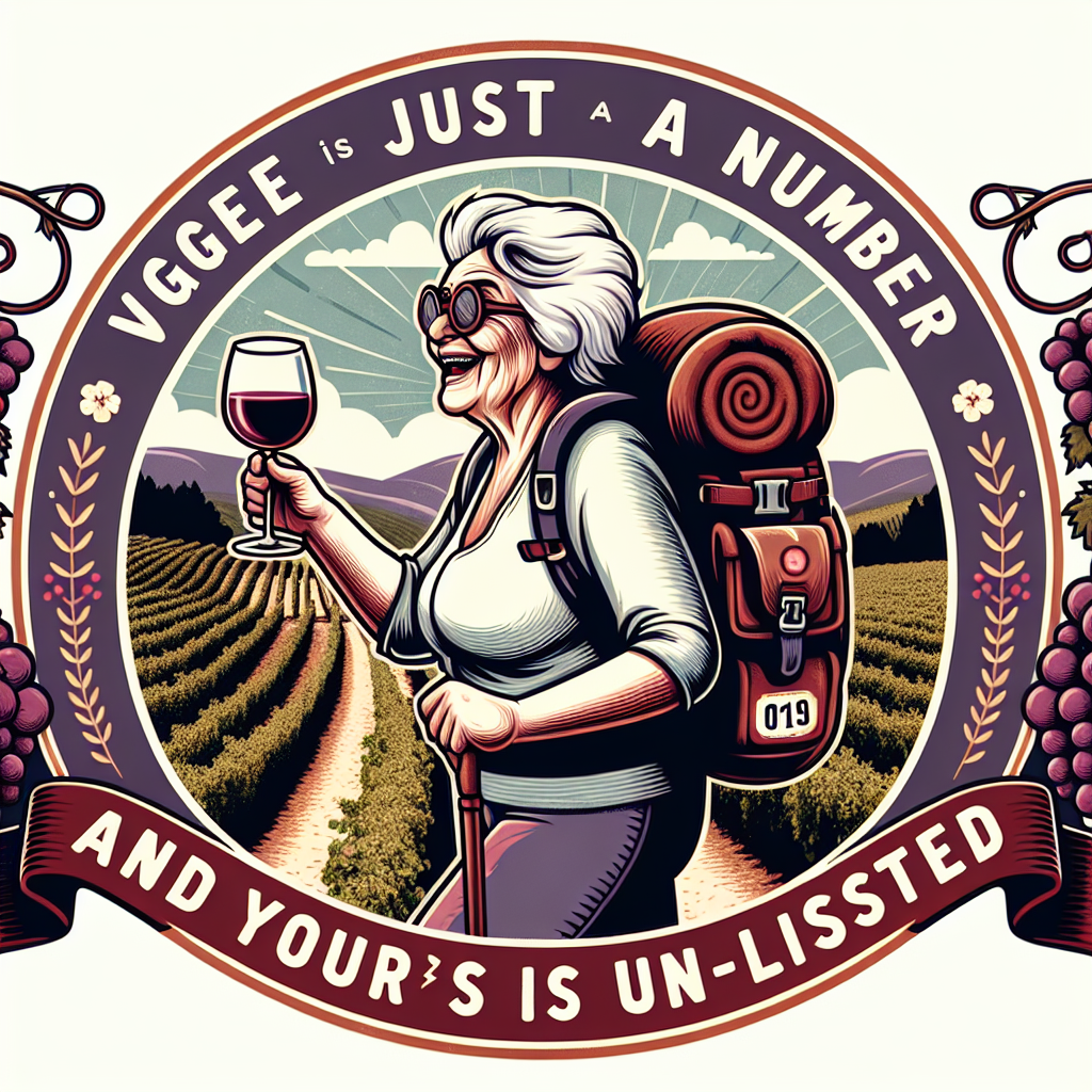 Create a design featuring a lively older Caucasian woman with a backpack humorously named 'Vintage Walker.' She's traversing from one end of an idyllic vineyard to another, as if navigating through an extensive hiking trail. In her hand, she's holding a glass, clinking it in a celebratory manner with red wine in it, subtly expressing that the secret to her longevity and endurance is a hearty gulp of what she fondly calls 'grape fuel.' Weaving around the scene are the words, 'Age is just a number, and yours is unlisted,' adding a playful element to the whole scenario.
Generated with these themes: Older woman, Long distance walker, and Red wine.
Made with ❤️ by AI.