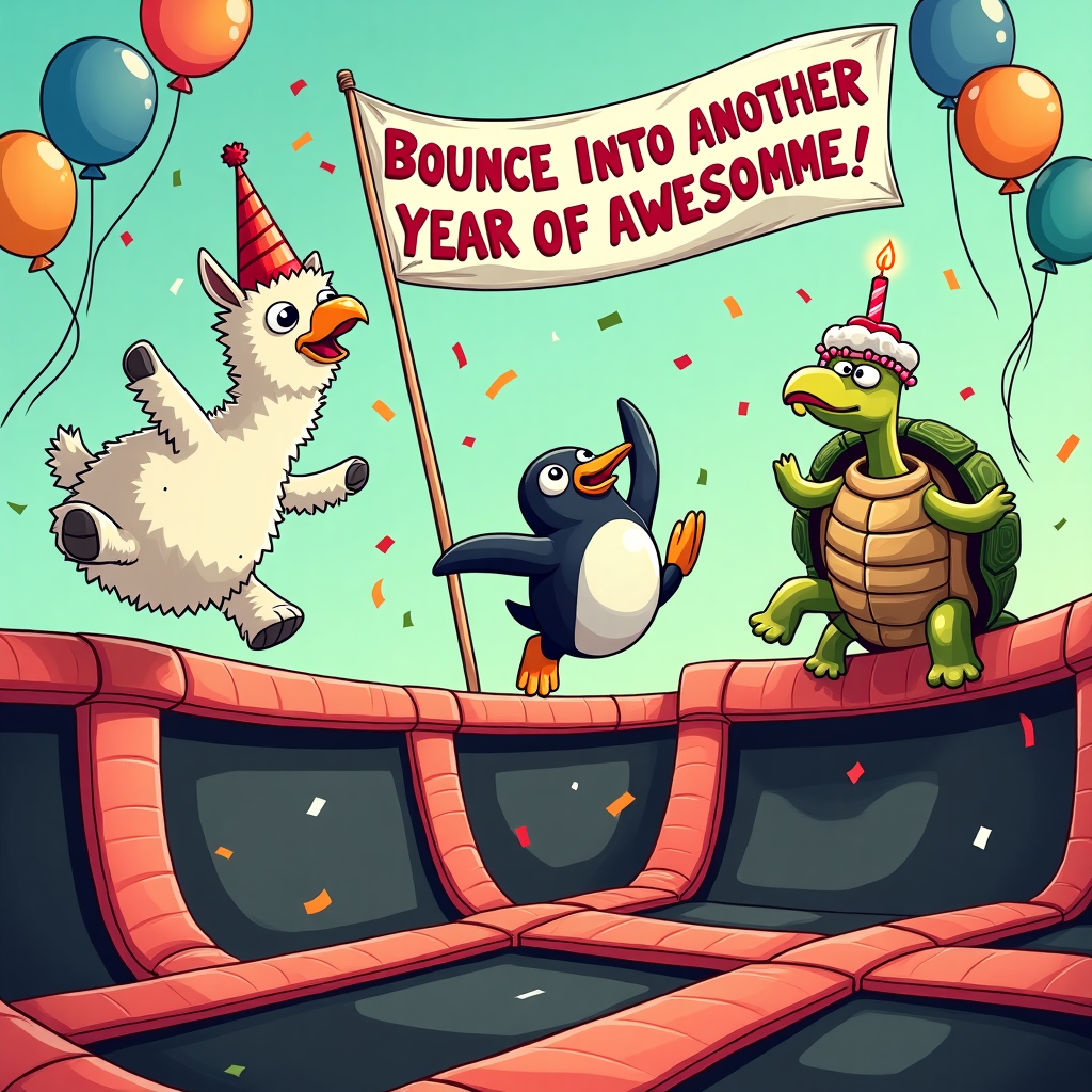 **Prompt:**

A comically chaotic scene at a trampoline park filled with a wild bunch of party animals—literally! A grinning llama in a birthday hat is mid-air doing an accidental somersault, a confused penguin is bouncing upside down with confetti flying from its flippers, and a nervous-looking turtle has just launched unexpectedly off a trampoline, eyes wide and shell spinning like a UFO. In the background, a giant cake with a single wobbly candle is precariously perched on its own mini trampoline, about to take flight. Bright, cartoonish colors, exaggerated facial expressions, and motion lines add to the energetic, slapstick fun. A hand-painted banner flaps overhead reading “Bounce Into Another Year of Awesomeness!” as balloons hover at odd angles.
Generated with these themes: Funny jumping trampolines.
Made with ❤️ by AI.