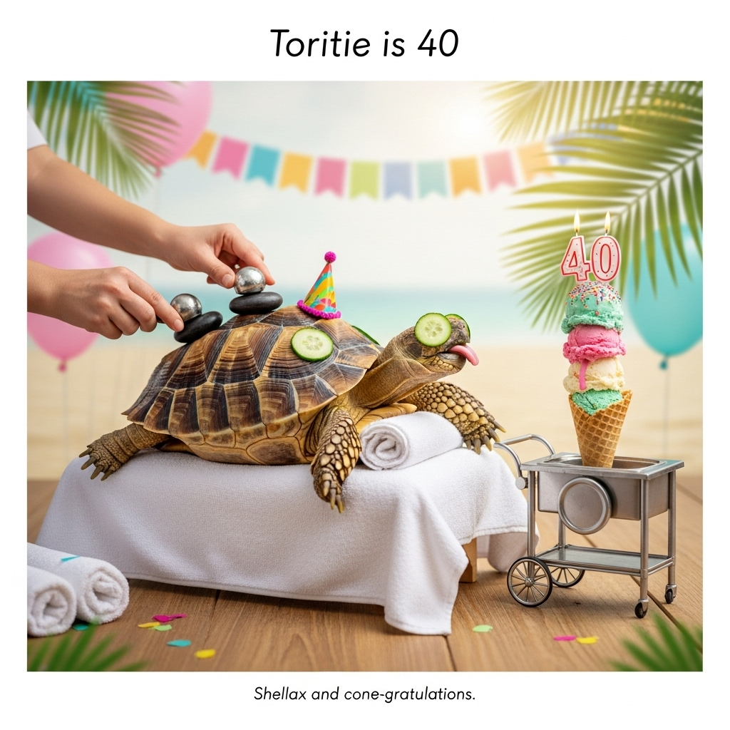 Tortoise, massage, ice cream, and Birthday Card