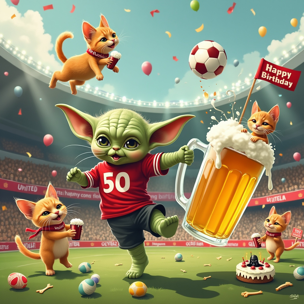 The front cover of the birthday greeting card is a bustling, comedic tableau inspired by a football match with a whimsical twist. The setting is a football pitch, with the iconic Manchester United stadium in the background, its red and white banners proudly fluttering. In the foreground, Baby Yoda, clad in a tiny Manchester United jersey with "Yoda 50" on the back, is kicking a football (almost too big for him) towards the goal.

Flanking Baby Yoda on either side are two mischievous ginger cats, also sporting mini Manchester United scarves around their necks. One cat is balancing a frothy mug of beer on its head, while the other is mid-air, leaping for a football suspended just out of reach, its claws comically outstretched. 

In the background, you can see a rowdy crowd of ginger cats in the stadium stands, each holding tiny beer mugs and cheering enthusiastically, some with cartoonish foam fingers that say "Go United!" To the left of Baby Yoda, a towering beer mug, almost the size of a goalpost, has a ginger cat lounging in it, peeking over the frothy brim with a sly grin.

The football goal itself is festooned with birthday decorations—colorful balloons, streamers, and a large banner that reads "Happy Birthday!" In front of the goal, a comically exaggerated Manchester United goalkeeper is diving dramatically to block the ball, but missing by a mile, his expression one of cartoonish shock.

All around the pitch, scattered like Easter eggs, are tiny details that add to the humor: a cat referee blowing a whistle made of a fishbone, a birthday cake on the sidelines with "United" candles, and a fan in the crowd dressed as Darth Vader holding a sign that says "The Force is Strong with You!"

The scene is packed with action and humor, with every element telling a part of the story that ties together Manchester United, ginger cats, beer, and Baby Yoda into a hilariously delightful birthday greeting.
Generated with these themes: Manchester united, Ginger cats, Beer, and Baby yoda .
Made with ❤️ by AI.