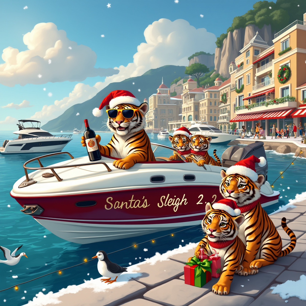 Tigers , Monaco, Speedboat , and Bottle of 🍷 Christmas Card