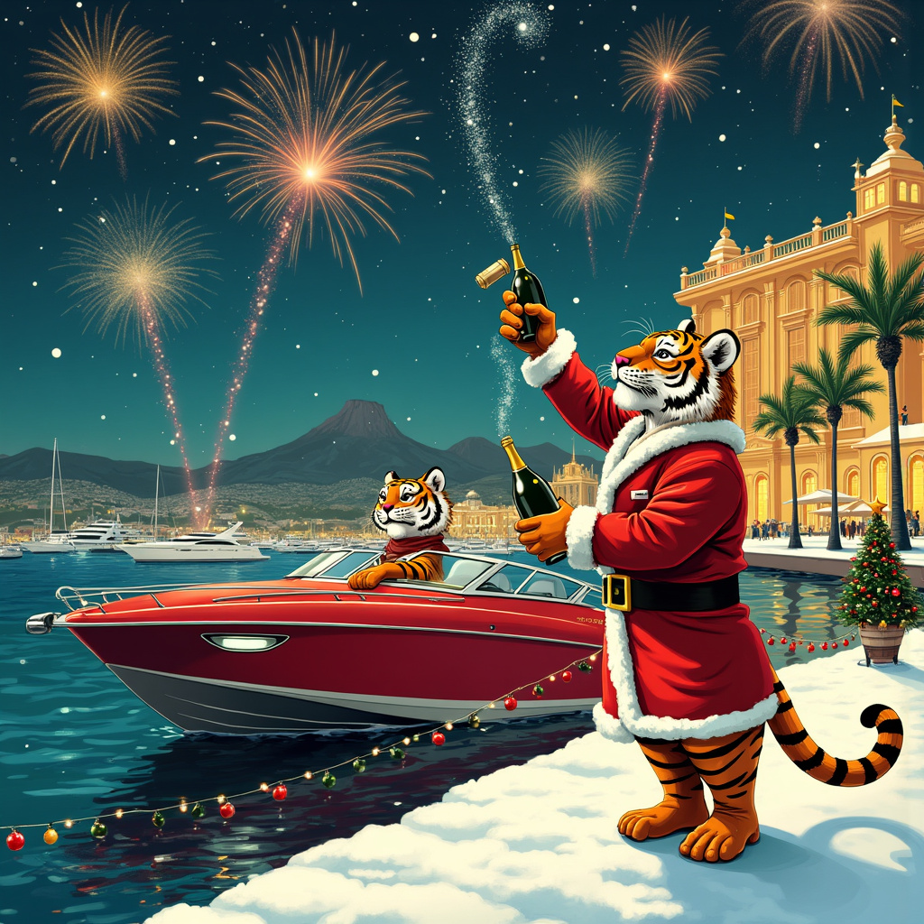 Tigers , Monaco, Speedboat , and Bottle of 🍷 Christmas Card
