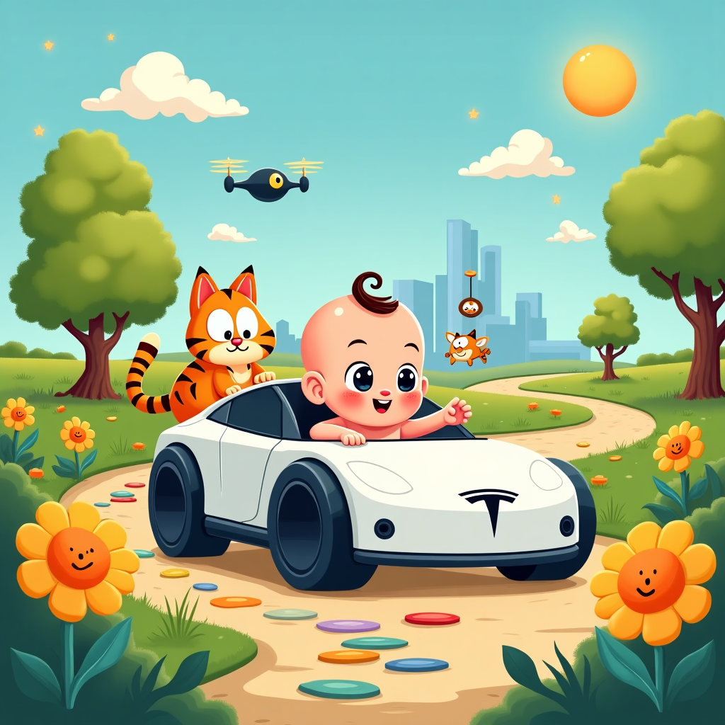**Card Cover Illustration Description:**

**Foreground Elements:**

1. **Main Characters:**
   - A wide-eyed, plump baby with an exaggeratedly large, shiny head peeking out from a high-tech, mini Tesla car-shaped crib. The baby should have a single curly strand of hair on top, reminiscent of classic cartoon baby designs.
   - A cartoonish cat with exaggeratedly big, round eyes and fluffy tail is playfully swatting at a Tesla logo mobile hanging above the crib. The cat should have an orange and white striped pattern, similar to Garfield but with a more exaggerated tail and paws.

2. **Tesla Crib:**
   - The crib resembles a sleek Tesla car with futuristic wheels and a small control panel on the side. The Tesla logo is prominently displayed on the front, just above a friendly, cartoon-like bumper.

**Background Elements:**

1. **Color Scheme:**
   - Use a bright and vibrant palette with dominant blues, greens, and yellows. The blue should mimic the clear sky, while greens represent lush, cartoonish grass. Yellow is for accentuating joyful elements like the sun or stars.

2. **Setting:**
   - The background shows a whimsical park scene with oversized flowers, each with a smiling face, and friendly, curving trees that seem to bend playfully towards the main characters. The trees have fluffy, green foliage and sturdy, cartoon-like trunks.

3. **Additional Details:**
   - Add a few futuristic elements in the park, like a small, floating drone shaped like a bird, flitting around the flowers.
   - Include a path made of colorful stepping stones, winding around the crib and leading off into the distance where a stylized, cartoon Tesla Gigafactory can be faintly seen on the horizon.
   - A few fluffy clouds float in the sky, each with a cartoonish smile and blushing cheeks, enhancing the whimsical nature of the scene.

**Overall Layout:**

- The baby in the Tesla crib and the cat are the central focus, occupying the majority of the foreground.
- The playful park elements are spaced around them, adding depth and interest without detracting from the main characters.
- The design draws inspiration from the clean lines and expressive features characteristic of Charles Schulz and Bill Watterson, blended with the imaginative futurism of Osamu Tezuka's work.
Generated with these themes: Tesla, Cat , , and .
Made with ❤️ by AI.