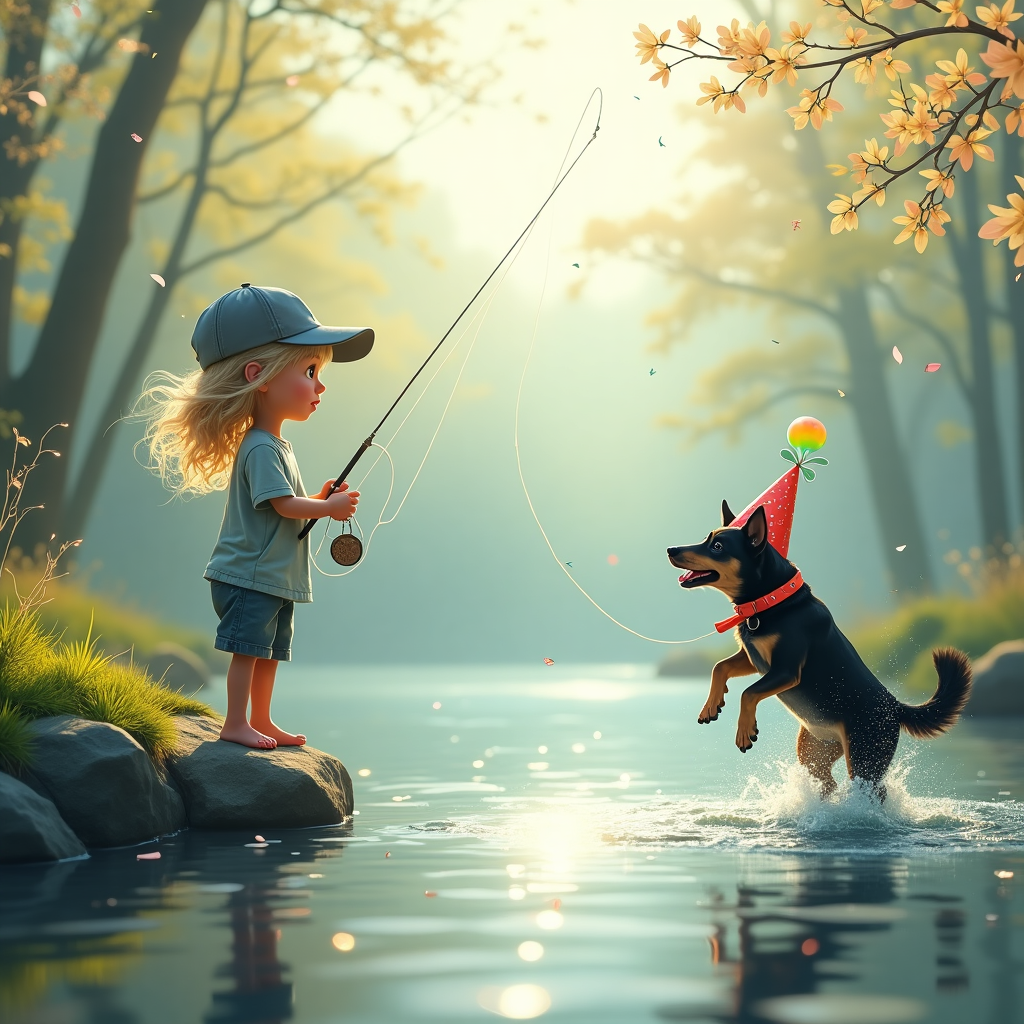 Girl with wispy blonde hair wearing a grey trucker cap, fly fishing., Soft early spring sunlight filtering through budding trees on an overcast morning. , Black shepherd-lab mix dog with pointy ears, wearing a red collar, and wearing a festive party hat., A trout wearing a party hat jumping out of the water., , and Birthday Card
