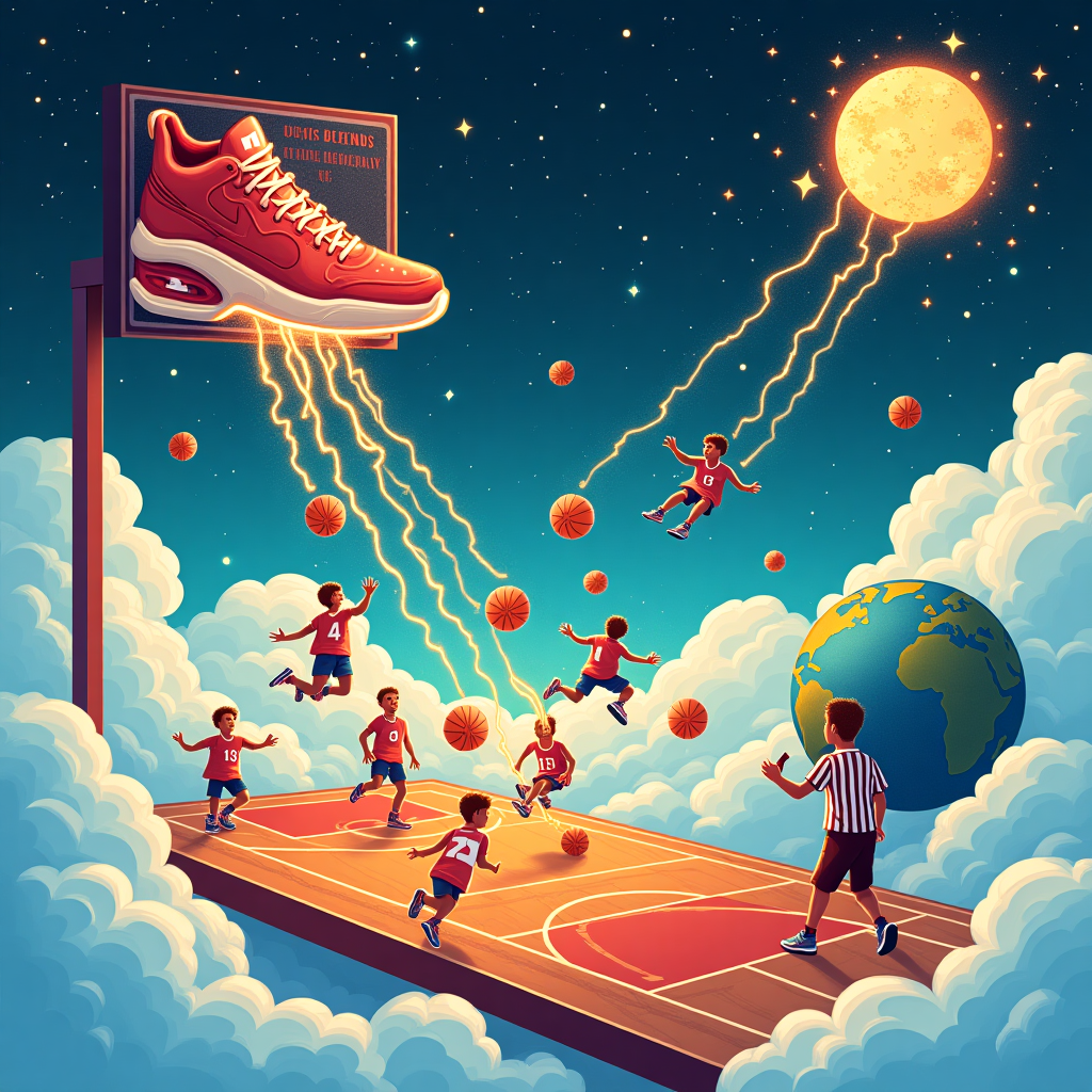 **Image Prompt (for a Surreal Thank-You Illustration)**  

At the top of the illustration image, “Coach Adam — Thanks for making Blazers fly, not just run!”

A surreal illustrated scene where a vibrant basketball court floats high above the clouds, suspended by glowing Nike sneakers flapping like wings. On the court, tiny blazing comets wearing U14’s Blazers uniforms are mid-dribble with basketballs that are tiny burning suns. A cosmic scoreboard hangs in the sky, shaped like a sneaker tread, reading “U14’s Legends - Trailblazing Since Day One.” Giant trails of multicolored vapor stream from the players' sneakers as they leap from cloud to cloud, leaving constellation-like shapes in their wake. Off to the side, a smiling planet Earth wears a referee jersey and blows a whistle made of stardust, cheering with rings made of spinning basketballs.
Generated with these themes: Trailblazers, Basketball , Nike sneakers, and U14’s Blazers.
Made with ❤️ by AI.