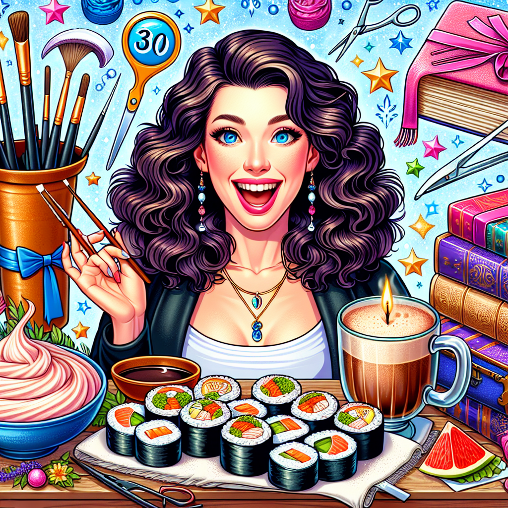Smiley , Woman with black curly wavy hair and blue eyes, 30th Birthday to my wife, Sushi, Hot chocolate drinks, Hairdressing , and Harry Potter magic Birthday Card