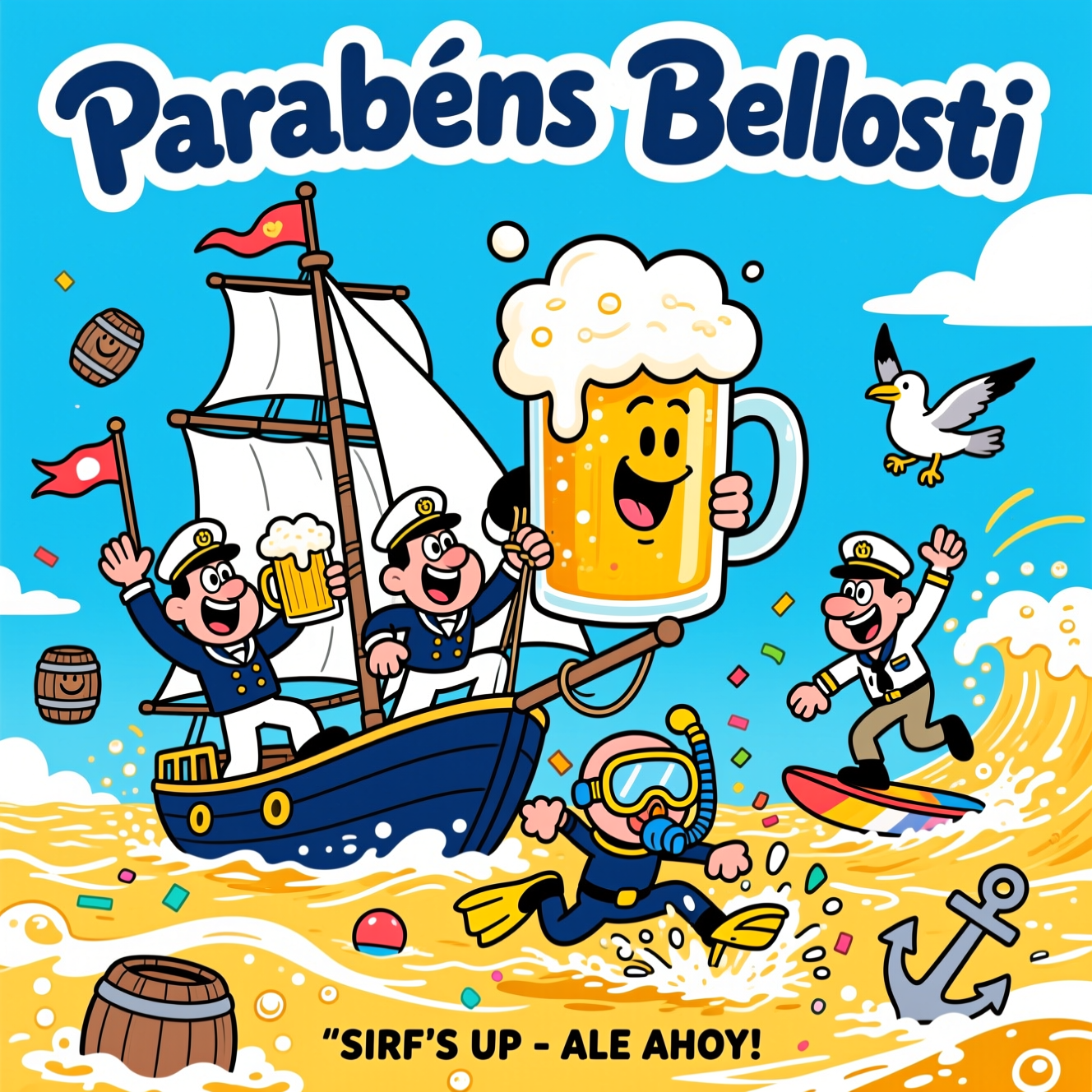At the top of the Cartoon Style image, "Parabéns Bellosti"

Playful, funny cartoon scene with exaggerated characters, thick black outlines, and bright saturated colors: A navy-blue sailboat with a huge, foamy-white sail shaped like a frothy beer head skims across a golden beer ocean with bubbly foam waves. Exuberant navy sailors in crisp uniforms strike energetic, celebratory poses—one salutes with a giant pint, another trims the sail, another waves signal flags. Off the bow, a goofy scuba diver with oversized goggles and flippers dives dramatically into the beer sea, splash bursting like confetti. To the side, a cheerful surfer carves a foamy wave, spray sparkling in the sunlight. Comical touches: floating kegs as buoys, a smiling anchor, a seagull admiral saluting, and lively motion lines. Sunny cyan sky, bold shadows, dynamic perspective, big expressive faces, and a joyful birthday vibe.

Top text styling: big, curvy navy-blue bubble letters with a bright white outline and subtle wave warp.

At the bottom, add a small cheeky caption (single short line): "SIRF'S UP - ALE AHOY!"
Generated with these themes: Dive, beer, sirf, sail, navy, and .
Made with ❤️ by AI.