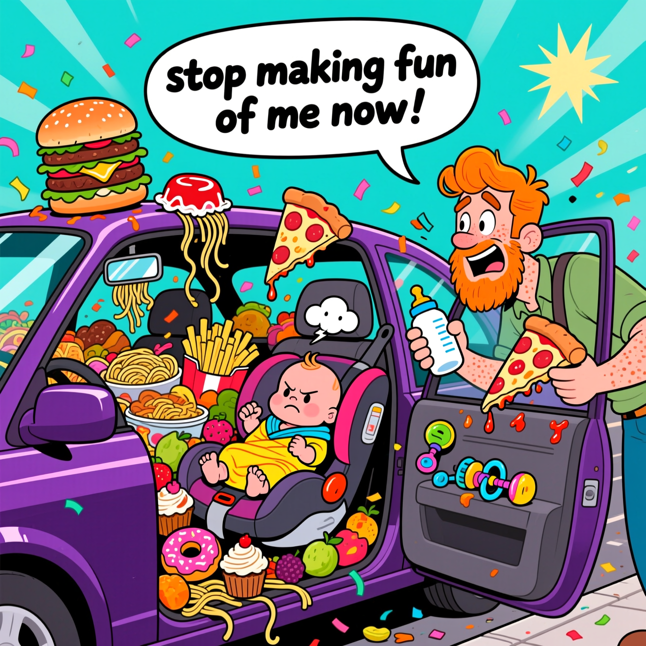 Dark purple car, Lots of food, Ginger man, and New-baby Card
