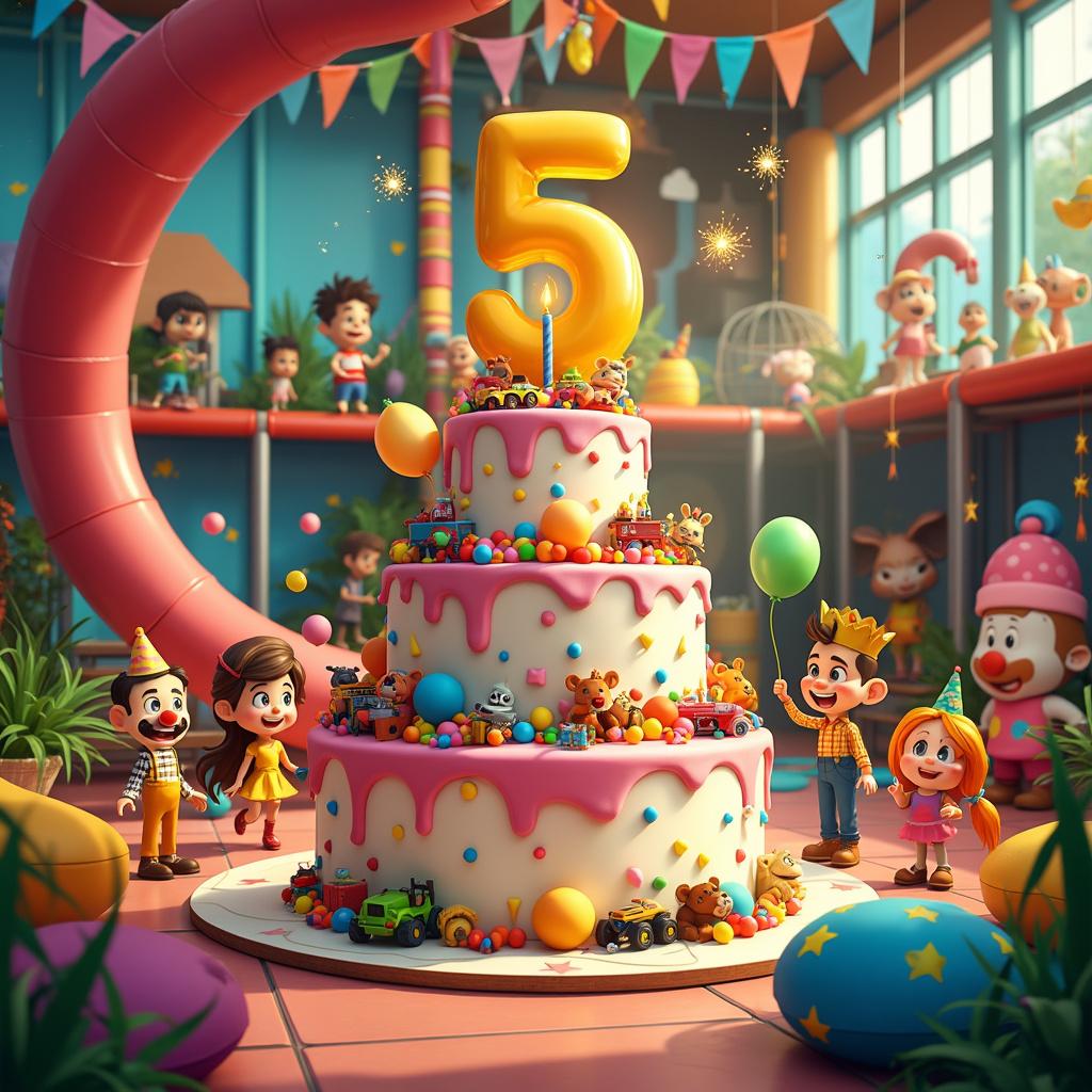 Imagine a whimsical, cartoonish birthday scene set in a bustling play zone, filled with colorful play equipment and cheerful decorations. The scene is the House of Play in Jaipur, vibrantly alive with action and excitement. In the center, there's a bright red slide spiraling down like a giant candy cane. Just beside it, an enormous ball pit bursts with multicolored balls, and a few kids are half-submerged, throwing balls into the air with joyous abandon.

At the forefront of this animated landscape, stands a larger-than-life birthday cake designed as a playful amalgamation of Sauransh's favorite toys. The cake has five tiers, each decorated with toy cars, action figures, and stuffed animals, all meticulously detailed. The top of the cake features a bright, golden number "5" candle sparkling with tiny fireworks, signaling Sauransh’s special milestone.

To the left, a friendly clown, wearing oversized shoes and a polka-dotted suit, is twisting balloons into various animal shapes for an enthusiastic crowd of children. Each child is holding a balloon animal, looking up in awe as the clown’s hands move quickly. Streamers in blue, green, and yellow cascade from the ceiling, interspersed with hanging star-shaped decorations.

In the background, the House of Play’s signature play structures are visible, including a climbing wall adorned with colorful handholds shaped like animals and a large trampoline where kids are bouncing high into the air. A huge banner hangs from the ceiling, stretching across the width of the room. The banner reads, “Sauransh is Turning 5! Join Us on 27 August,” with each letter crafted in a playful font and dotted with tiny, glittering stars.

On the right side of the scene, there’s a lively puppet show taking place on a small stage, with puppets dressed as pirates and princesses, captivating an audience of wide-eyed kids sitting on bean bags. Behind them, a table laden with party hats, noise makers, and gift bags waits for the party's goody giveaway.

Lastly, in the very heart of the image, Sauransh stands beaming with joy, wearing a bright green birthday crown and a matching T-shirt with the number “5” emblazoned on it. His wide eyes and big smile capture the essence of a child’s pure, unfiltered happiness, surrounded by friends, fun, and fantastic festivities.
Generated with these themes: Sauransh is turning 5 on 27 August. Join us at House of Play, jaipur.
Made with ❤️ by AI.