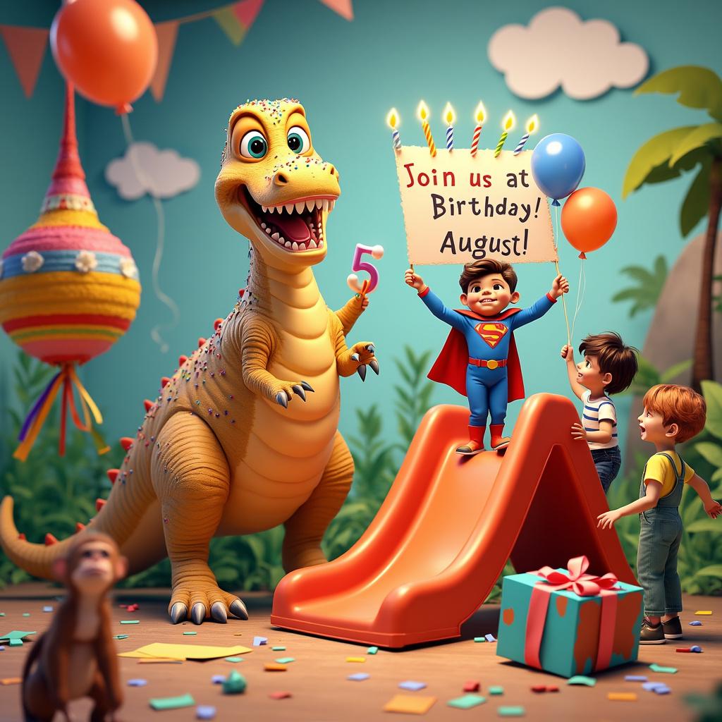 On the front cover of the birthday card, a whimsical scene unfolds where a life-sized, animated birthday cake dinosaur is celebrating Sauransh’s 5th birthday at the House of Play in Jaipur. The dinosaur, with a friendly grin, is covered in colorful sprinkles, and its back is adorned with five lit birthday candles, each shaped like the number 5. The House of Play, a vibrant play zone with slides, ball pits, and climbing structures, serves as the backdrop. 

In the foreground, Sauransh, dressed in a superhero costume with a big number "5" on his chest, stands triumphantly atop a bright red slide, waving a banner that reads "Sauransh turns 5 on 27 August!" Next to him, his friends, also in various colorful costumes, cheer him on while holding balloons shaped like dinosaurs. 

Scattered around the scene are playful elements like confetti, birthday presents wrapped in dinosaur-themed paper, and a large sign that reads "Join us at House of Play, Jaipur" in bold, playful letters. A playful monkey hanging from a balloon string peeks in from the side, while a rainbow-colored piñata dangles from the ceiling, ready for the kids to enjoy. The detailed depiction captures the joyous chaos of a children's birthday party, with every element combining to tell the delightful story of Sauransh’s special day.
Generated with these themes: Sauransh is turning 5 on 27 August. Join us at House of Play, jaipur.
Made with ❤️ by AI.