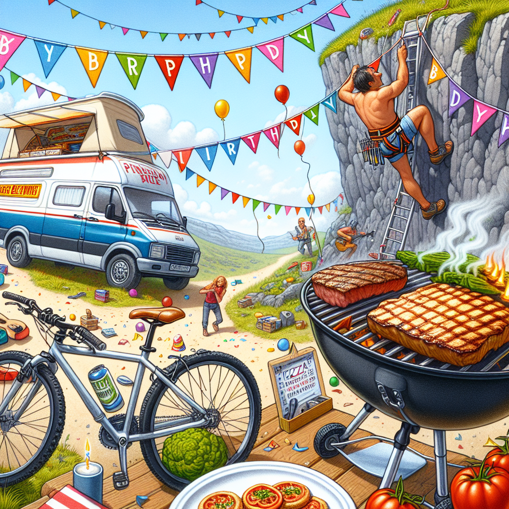 Illustrate a jubilant outdoor birthday scene. A bicycle in the foreground is festively decorated with colourful party streamers. In the background, a camper van teeters dangerously on the edge of a high cliff. The van sports a sign advertising pizza delivery. A Hispanic male rock climber is midway up the cliff, halted in his ascent to eye a juicy steak grilling on a ledge, cheese melting and dripping over the sides. 'Happy Birthday' flags flutter lively in the wind across the top.
Generated with these themes: Bicycle, Camper, Climbing, Pizza , Steak, and Cheese.
Made with ❤️ by AI.
