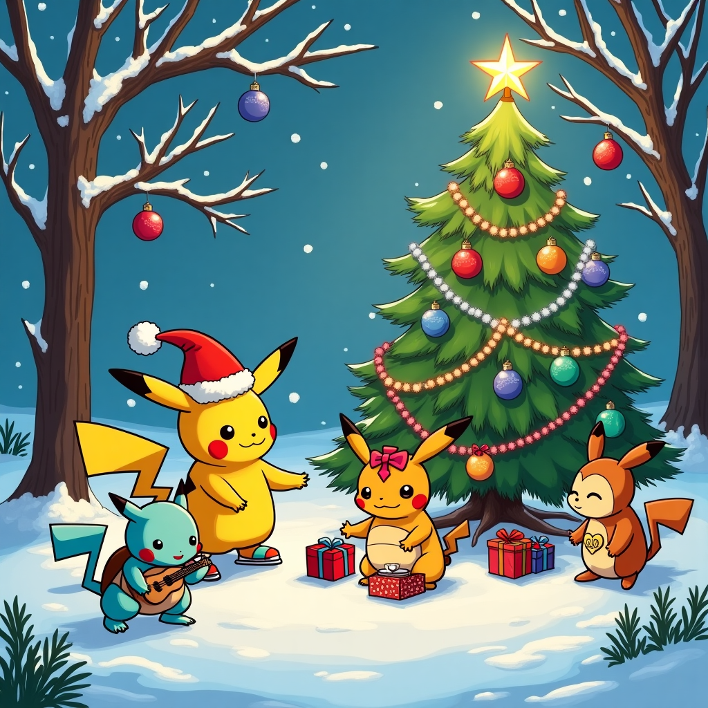 In a whimsical snow-blanketed forest, reminiscent of the gentle lines of Charles Schulz's Peanuts, a merry gathering of Pokémon is taking place. At the center of this wintry tableau stands Pikachu, who, much like a modern-day Mickey Mouse, dons a festive Santa hat tilted jauntily over one ear. He is busy handing out tiny wrapped presents to an eager assembly of Pokémon, each box decked with twinkling holographic bows inspired by the sparkling ink from classic manga panels. To Pikachu's left, Squirtle is on ice skates, performing an enthusiastic—albeit wobbly—pirouette on a frozen pond, echoing the dynamic movement often found in Osamu Tezuka’s work.

In the background, a grand fir tree is aglow with baubles that have the unmistakable sheen of Hergé’s Tintin illustrations, with each ornament bearing a subtle Pokémon silhouette. At the foot of the tree, Jigglypuff strums a tiny ukulele, its music creating spirals of visible notes that wend their way through the air, a nod to the surreal elements of Gary Larson's Far Side. Overhead, a banner crafted from colorful paper chains, reminiscent of the intricate detail in Bill Watterson's Calvin and Hobbes, stretches between two snow-laden branches.

Charmander, exhaling gentle puffs of warm air that form temporary halos in the chilly air, is tending to a cauldron of hot cocoa, its flames producing shadows that dance playfully on the snowy ground like characters from Winsor McCay's Little Nemo. A beaming Psyduck, sporting a reindeer headband, holds a candy cane in its beak, standing next to a snowman Pikachu, which has been humorously topped with Ash Ketchum's iconic cap.

Nearby, the mischievous Meowth is attempting to place a star atop the tree, balancing precariously on a stack of presents, echoing R. Crumb’s flair for capturing comedic tension. On the periphery, a pair of Eevee siblings are building a snow fort, each block carved with the precision and care reminiscent of Will Eisner's The Spirit.

The scene captures a snapshot of joyful chaos, where each Pokémon contributes to the festive atmosphere, turning this forest clearing into a place where stories are shared, and laughter is as abundant as the falling snowflakes, inspired by the storytelling prowess of Art Spiegelman. This card is a festive tableau that delights the eyes and kindles the imagination, inviting the recipient to join in the merry Pokémon festivities.
Generated with these themes: Pokémon.
Made with ❤️ by AI.