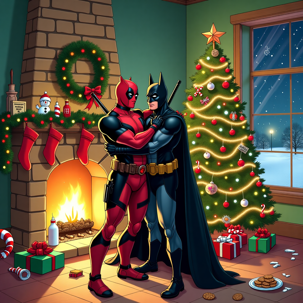 Deadpool hugging batman next to a christmas tree while batman frowns Christmas Card