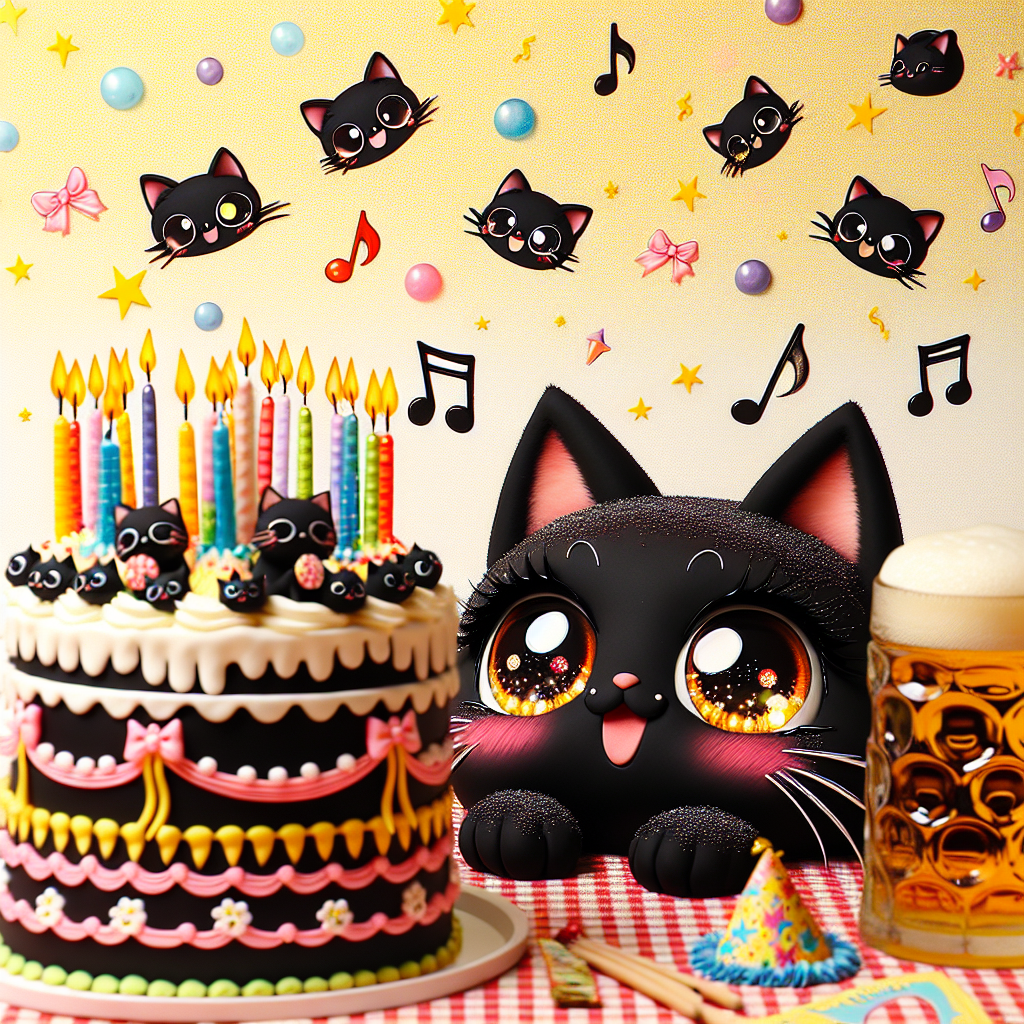 Black cats, anime, music, cake, beer Birthday Card
