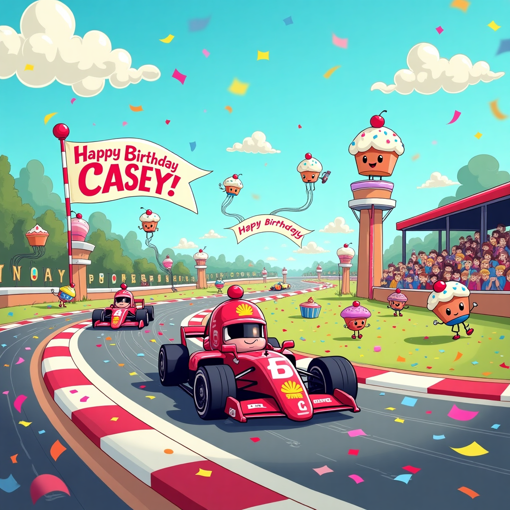 In this whimsical cartoon birthday scene, set amidst the vibrant world of Formula 1, we find Lando Norris, in his signature racing suit, poised humorously at the starting grid of a zany F1-themed birthday race. The track is not your ordinary racing circuit; instead, it's an imaginative loop-de-loop track made entirely of colorful confetti and streamers that wind around a fantastical landscape. The cars on this track are not typical F1 cars; instead, they are cleverly designed party hats with wheels, each adorned with birthday candles acting as exhaust pipes. Lando's party-hat car is emblazoned with his signature number, and trailing behind him is a long, fluttering banner reading "Happy Birthday Casey!" in bright, bold letters, as if being carried by an invisible gust of festive wind. In the grandstands, an audience of anthropomorphic cupcakes and balloons, each with animated eyes and mouths, cheer enthusiastically, waving tiny checkered flags. High above, the sky is a clear azure, except for fluffy white clouds shaped like oversized birthday cakes and presents, with "Casey" spelled out in a cloud formation right above Lando's head, adding a touch of magic to the sky. To the side of the track, a giant, cartoonish birthday cake, styled like a pit-stop station, stands with a cherry on top for a roof. It's staffed by smiling marshmallow pit crew members, ready to swap out sprinkles for extra speed. The entire scene is a jubilant collision of birthday celebration and F1 excitement, capturing the thrill and joy of both themes in a single, playful image.
Generated with these themes: Lando Norris, and F1.
Made with ❤️ by AI.