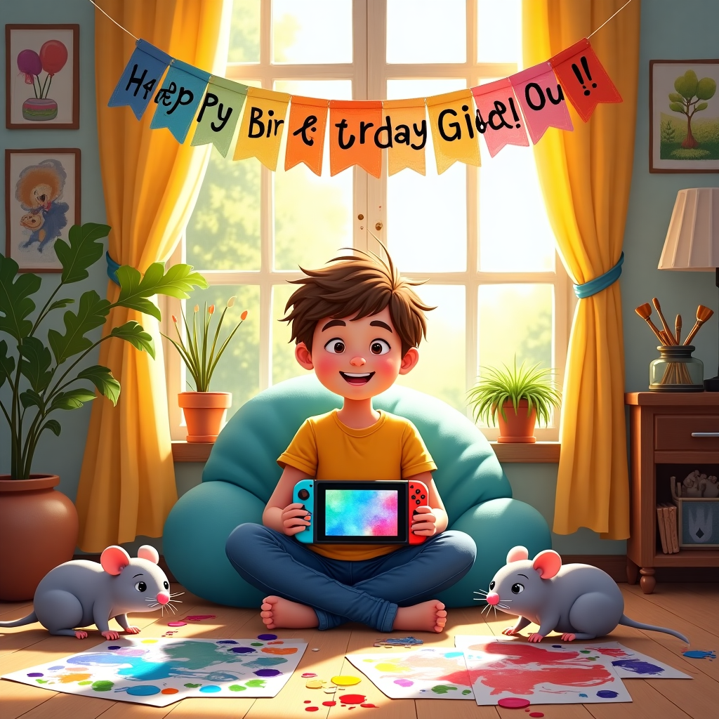 The scene is set in a whimsical, sunlit living room where a 12-year-old boy named Gideon is joyously absorbed in a creative world of his own. In the center of the room, Gideon, with his tousled brown hair and bright brown eyes, sits cross-legged on a plush, oversized cushion. In his hands, he holds a Nintendo Switch, the screen alive with vibrant hues as if bursting with the energy of an imaginative watercolour painting. Around him, the floor is strewn with an array of paints, brushes, and scattered sheets of paper, some depicting vivid landscapes, others abstract explosions of color. Beside him, two cheeky rats, with soft grey fur and twitching noses, are mischievously dipping their paws into the watercolour palette, leaving tiny, multicolored paw prints across the wooden floor. Above Gideon, a vibrant banner hangs, proclaiming "Happy Birthday Gideon!" in playful, swirly letters reminiscent of Quentin Blake's energetic style, each letter artistically painted in watercolor shades that drip slightly, adding to the whimsical charm. The walls are adorned with a mix of framed Nintendo game art and watercolour paintings reminiscent of Beatrix Potter's illustrations, blending Gideon's two passions in perfect harmony. A large window in the background allows a stream of golden light to flood in, highlighting dust motes that dance like fairy lights, casting a gentle glow over the entire scene, and making Gideon's special birthday card cover truly enchanting.
Generated with these themes: Nintendo switch , Watercolour painting, 12 year old boy with brown hair and brown eyes, 2 rats , and .
Made with ❤️ by AI.