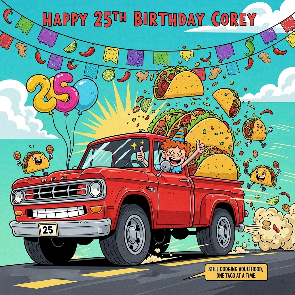 Dodge Truck, Tacos, ginger,, and Birthday Card