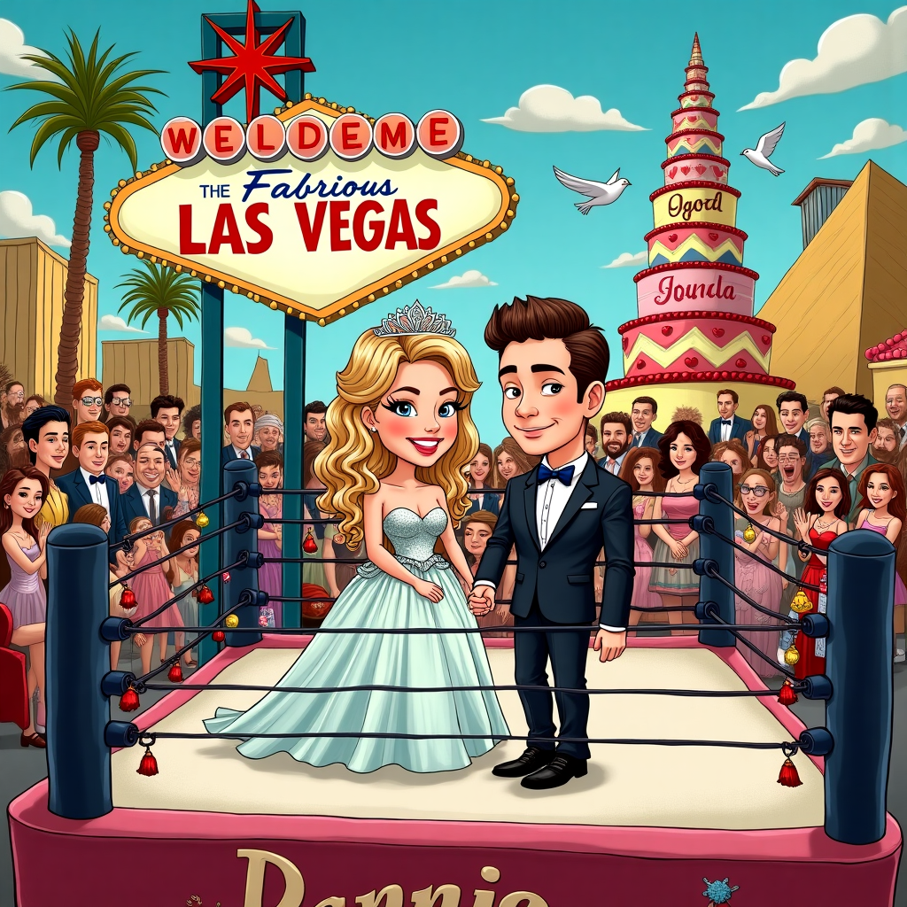 **Front Cover Description:**

At the center of the card, there's a humorous and vibrant cartoon scene capturing a wild and unexpected Las Vegas wedding with a WWE twist. The background depicts the iconic Las Vegas Strip, complete with cartoonishly exaggerated neon signs and caricatured replicas of famous landmarks like the Eiffel Tower and a pyramid, all illustrated in a blend of pastels and bold primary colors reminiscent of Charles Schulz's and Walt Disney's styles.

In the foreground, a wrestling ring serves as the wedding altar. The ring ropes are festooned with oversized pastel-colored flowers and shiny gold tassels, adding a festive touch. The wrestling mat is embroidered with heart patterns and glistens under the soft spotlight. In the center of the ring, the bride and groom, drawn with exaggerated expressions and comical features, are dressed in whimsical wrestling costumes — think of a classic Disney flair mixed with the vibrant detail of Osamu Tezuka.

The bride, Bobbie, wears a sparkling silver leotard with a voluminous tulle skirt attached, a nod to a traditional wedding dress. Her hair, styled like a manga heroine with gravity-defying curls, is adorned with a mini tiara. Danny, the groom, sports a dapper tuxedo-inspired wrestling outfit, complete with a bowtie and tails, all illustrated with the playful, detailed lines of Hergé.

Around the ring, cartoon caricatures of an enthusiastic crowd are depicted cheering wildly, including characters styled like celebrities and iconic wrestling figures, each one brought to life with the exaggerated, humorous touch of Gary Larson or Bill Watterson.

Floating above the ring, a vibrant, oversized banner held aloft by cartoon doves reads "Danny & Bobbie" in bold, swirling letters reminiscent of a circus poster, designed with a playful nod to R. Crumb's style.

To the side, a towering wedding cake shaped like a wrestling championship belt, complete with fondant details and edible glitter, stands proudly. Each layer is a different vivid color, adding a touch of Winsor McCay's fantastical palette.

The sky above is a dreamy, twilight blue, dotted with cartoon stars and a crescent moon, lending a touch of romance to the otherwise lively scene, capturing a hint of Will Eisner's graphic novel ambiance.

Overall, the card is a colorful explosion of creativity, combining the fun of a Las Vegas wedding with the drama of a WWE event, all wrapped up in a quirky, cartoonish style.
Generated with these themes: WWE Wrestling Las Vagas.
Made with ❤️ by AI.