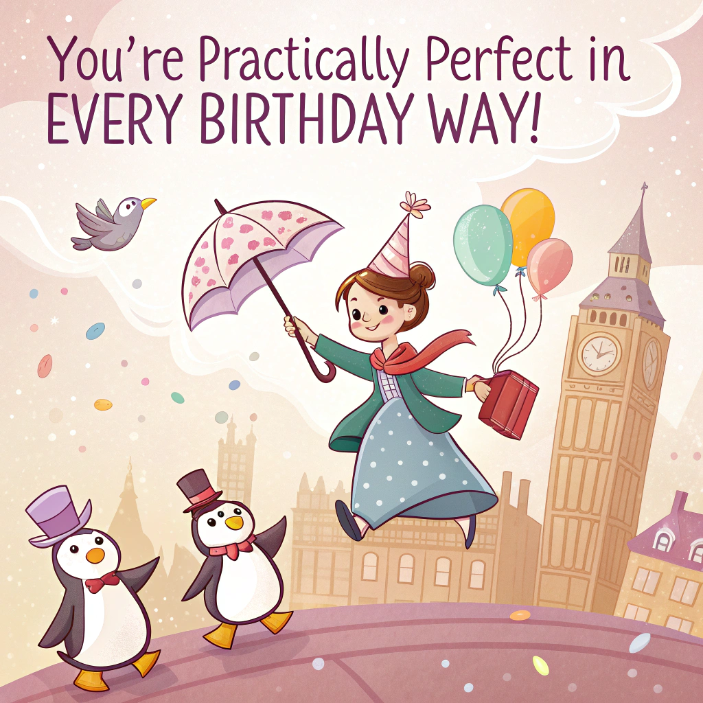 At the top of the image, "You're Practically Perfect in Every Birthday Way!"

- In the center of the image, depict a whimsical, cute cartoon scene of a cheerful young woman in a Mary Poppins-style outfit — complete with a magical umbrella and a flying carpetbag bursting with confetti, cupcakes, balloons, and a wrapped present peeking out.  
- She's floating gently above a quaint, pastel-colored London skyline with Big Ben wearing a party hat.  
- Below her, tiny cartoon penguins in bow ties waddle across rooftops, carrying birthday cake slices on silver trays.  
- Add sparkly clouds and twinkling stars scattered across the sky for a magical birthday atmosphere.  

At the bottom of the image, "Let your birthday take flight with spoonfuls of joy (and icing)!"
Generated with these themes: Mary Poppins.
Made with ❤️ by AI.