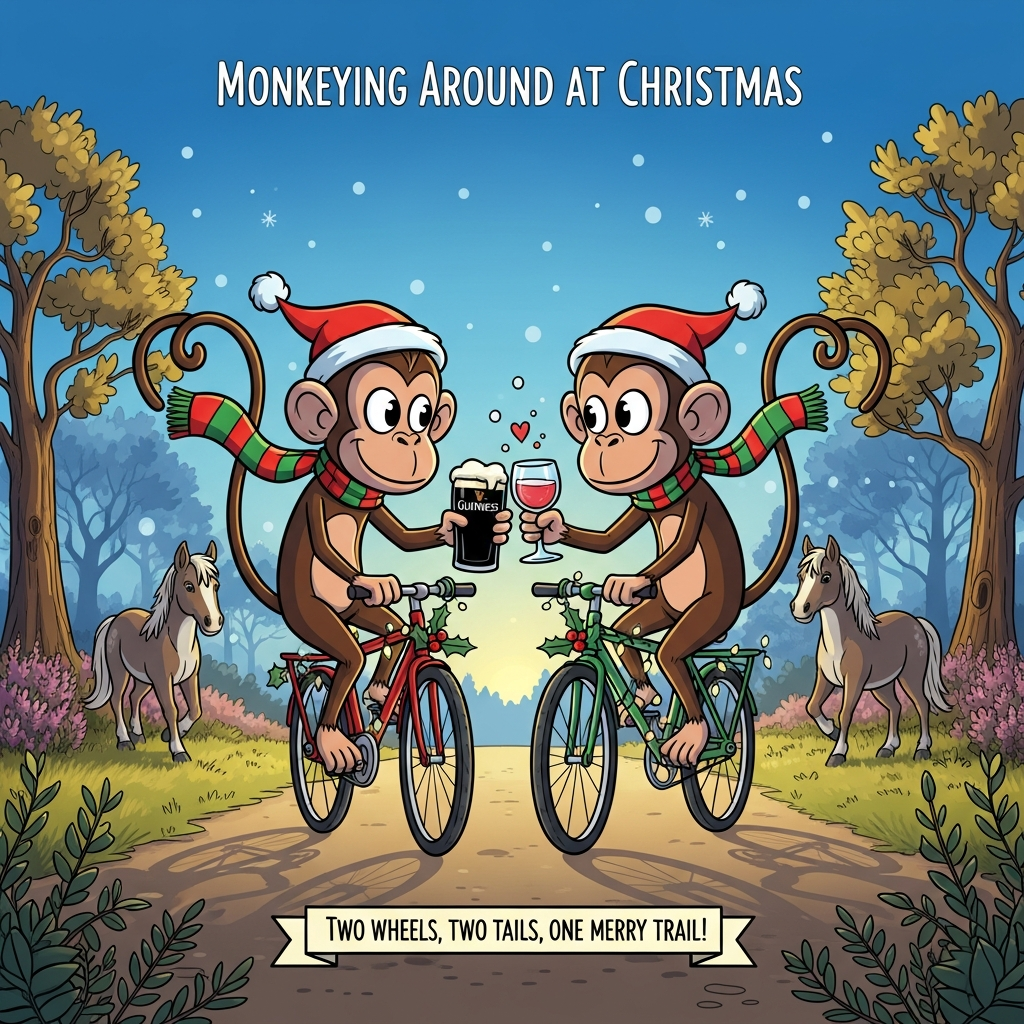 Two cute monkeys , Cycling , New Forest , Ponies , Guinness , Glass of Rose Wine , Blue sky, and Christmas Card