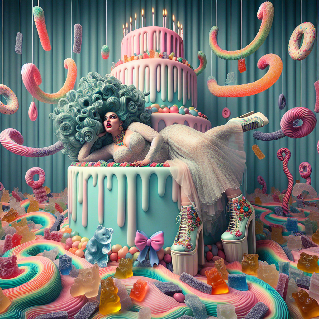 In a surreal birthday environment, a voluptuous woman of Middle-Eastern descent, dressed in pin-up style, lounges atop a massive, pastel-tiered birthday cake. Her hair forms into fantastical patterns, seeming to defy gravity. Surrounding her, a sea of gelatin-based sweets undulates like the rhythm of the sea, with imitations of gummy bears and rings developing intricate designs. The woman is wearing a pair of exaggeratedly large shoes, reminiscent of the style of the Rex Shoes, adorned with bold, candy-like decorations, offering a visual anchor in the dreamy tableau.
Generated with these themes: Buxom pinup girl, Haribo sweets, and Rex shoes .
Made with ❤️ by AI.