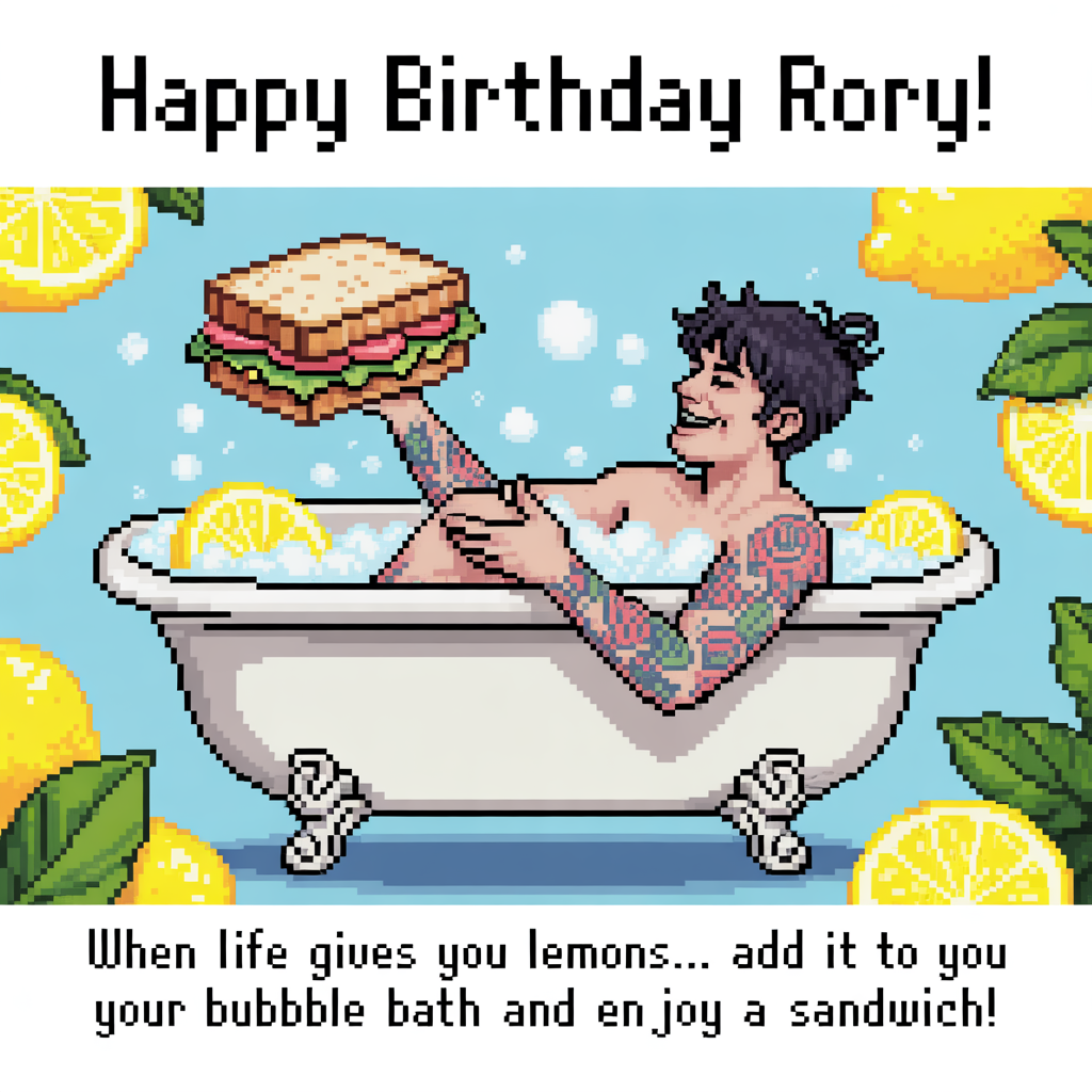 At the top of the image, "Happy Birthday Rory!":

   At the bottom of the image, "When life gives you lemons... add it to your bubble bath and enjoy a sandwich!"

- In the center, depict a humorous pixel art scene of a person with quirky tattoos enjoying a luxurious bath. The bath is filled with vibrant lemon slices floating around, while a sandwich balances precariously on the edge of the tub, inviting a playful nibble.
Generated with these themes: Bath, Tattoo, Sandwhich, and .
Made with ❤️ by AI.