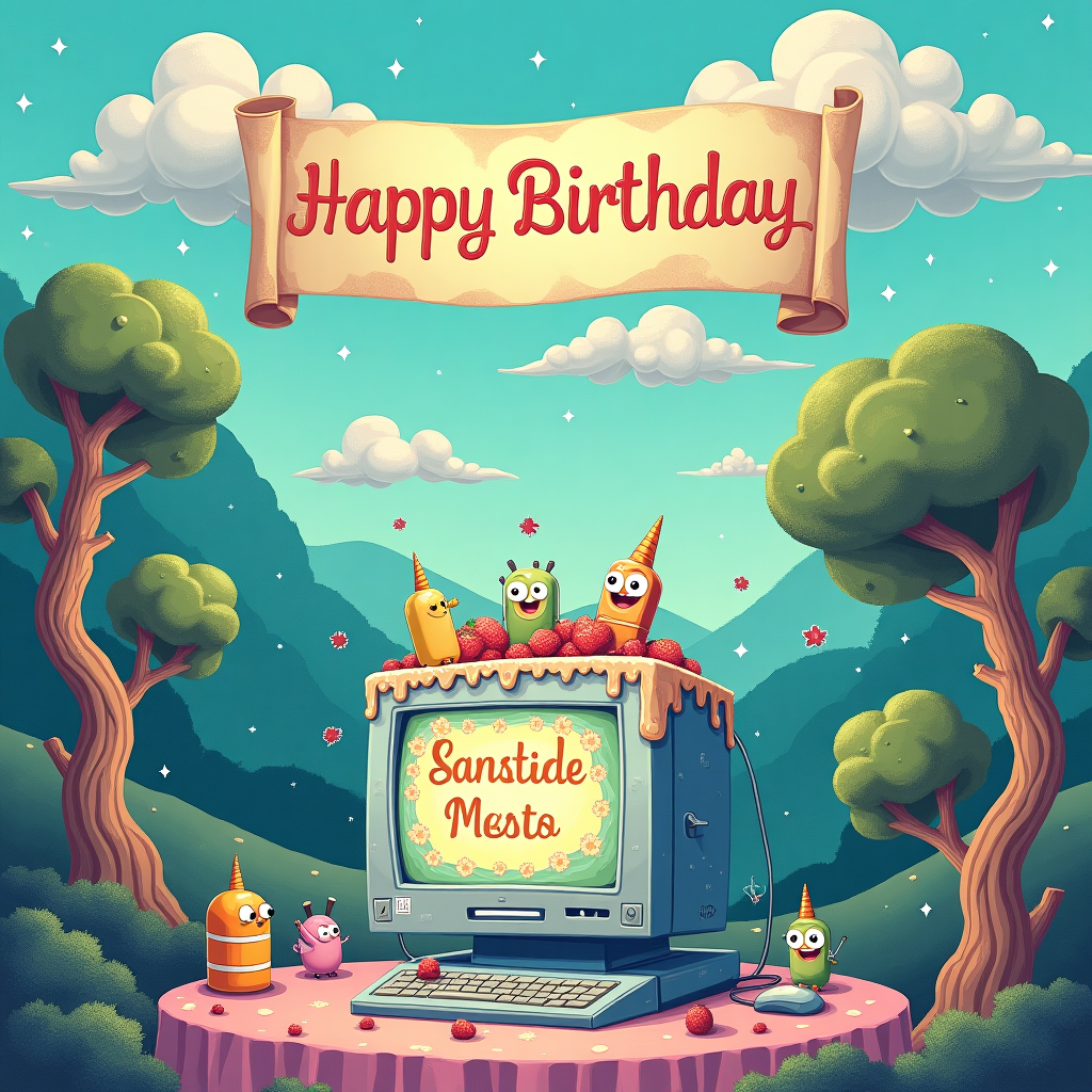 In the center of the card, imagine a vibrant and whimsical scene set at a quirky, fantastical birthday party. Picture a large, gleaming cake shaped like a classic Windows 95 computer monitor, complete with a retro pixelated "Happy Birthday" screen saver flashing with nostalgic charm. The cake's icing is a blend of pastel blues, mint greens, and soft grays, reminiscent of the Windows color palette. The frosting is applied in intricate, swirling patterns, much like the detailed line work of Aubrey Beardsley, giving it a rich, textured appearance.

On top of the cake, a trio of animated, cartoon-like characters resembling icons from a desktop toolbar are cheerfully perched. One is a jovial paperclip with googly eyes (a nod to Clippy), another is a delighted folder with a face peeking from its flap, and the third is a mischievous recycle bin with arms, reminiscent of a tiny trash monster.

In the background, a whimsical landscape unfolds, with undulating hills and fantastical trees painted in the style of Maurice Sendak and Maxfield Parrish. The trees are twisted and curling, with leaves in vibrant shades of teal and chartreuse, dotted with hints of violet. Nestled among the branches are small, pixelated birds reminiscent of old-school sprites, each singing a binary tune.

Suspended across the sky, a banner unfurls, its surface a soft cream, as if made from aged parchment, with the names "Andrzej, Diana, Alex" elegantly written in a flowing, hand-drawn script. The letters are colored in a rich, gold hue, catching the imaginary light like the gilded details in Arthur Rackham's illustrations.

Floating above this enchanting scene are clouds that look like floating dialog boxes, with whimsical drop shadows giving them a sense of playful depth. The sky is an expanse of soft gradients, fading from a pale cerulean at the horizon to a deeper sapphire, speckled with faint, twinkling stars akin to an Edward Gorey nightscape.

At the card's edges, delicate embellishments frame the scene, inspired by Beatrix Potter's border work, with tiny digital flowers, stylized like QR codes, intertwining gracefully along the margins. This detailed and expressive composition captures a playful intersection of nostalgia and imagination, perfect for a truly unique birthday greeting.
Generated with these themes: Microsoft.
Made with ❤️ by AI.