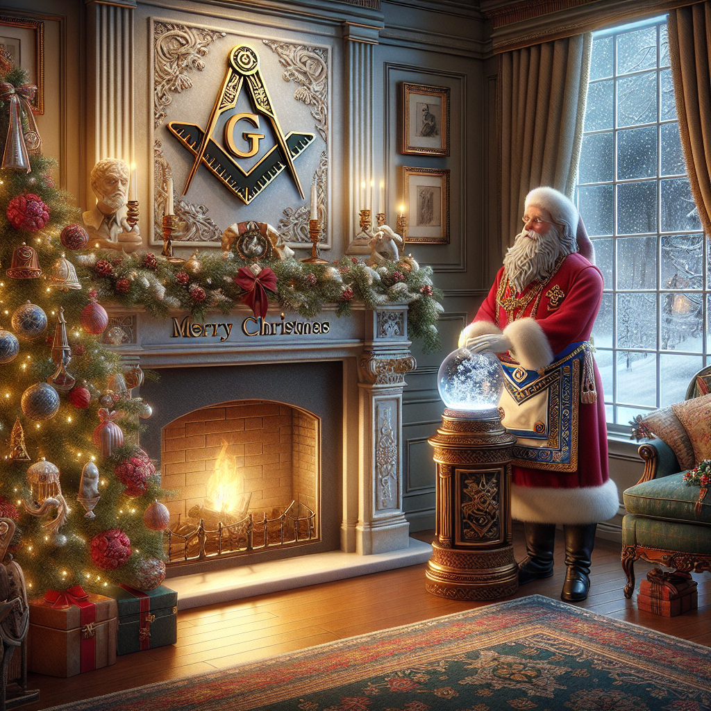 A solemn, realistic Christmas scene unfolds in an elegantly decorated family living room. A grand Masonic fireplace is the centerpiece, with a richly adorned fir tree beside it. Santa Claus, depicted with lifelike features and furrowed brow, stands by the mantel contemplating a snow globe. Gently falling snow is visible through the window, casting a serene glow over the room. Amidst this serene setting, the words 'Merry Christmas' are inscribed on the hearth.
Generated with these themes: Family, Masonic, Santa, Christmas, and Snow.
Made with ❤️ by AI.