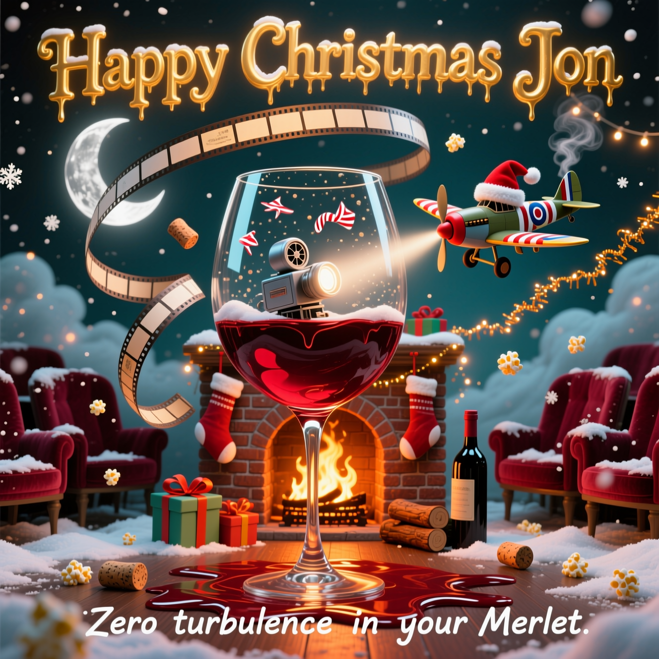 Red wine,fireplace,spitfire, cinema, and Christmas Card