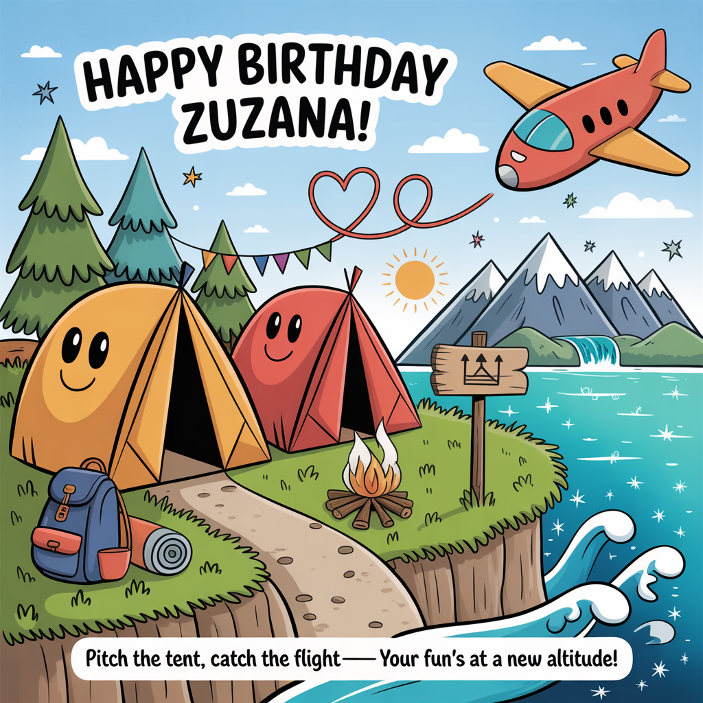 At the top of the Cartoon Style image, "Happy Birthday Zuzana!"
At the bottom of the image, "Pitch the tent, catch the flight—your fun’s at a new altitude!"

- Cute, playful campsite on a grassy cliff overlooking a sparkling turquoise sea; thick black outlines and bright, saturated colors.
- Two oversized, smiling tents (one dome, one classic triangle) with tiny pennant flags; colorful bunting strung between chunky pine trees.
- A winding trail with a wooden signpost using icons (no text); a backpack, compass, and rolled map beside the tents.
- Majestic snow-capped mountains in the distance; a tiny waterfall feeding into the sea; puffy clouds and a cheerful sun.
- A whimsical cartoon aeroplane swoops across the sky, leaving a looping heart-shaped contrail that swirls near the headline.
- Fun details: twinkly confetti stars, stylized waves with cute foam swirls, a cozy campfire with marshmallows propped on sticks (no people).
- Exaggerated proportions, bouncy shapes, thick outlines, and simple shading for a joyful, cute mood.
- No humans, no cars; leave clear space so the top and bottom text read big and bold.
Generated with these themes: Travelling, Camping, Tents, Mountains, Sea, A big title "Happy Birthday Zuzana!", Don't add any human in the picture, Aeroplane, No cars, and .
Made with ❤️ by AI.