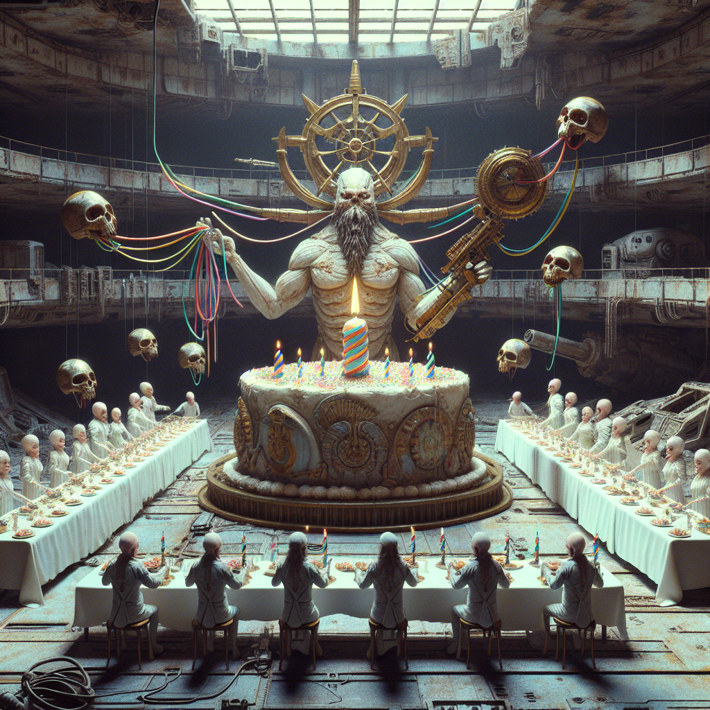 Envision the enormous interior of a derelict spaceship, where an antique, battle-marked table is laid for a celebratory feast. A huge birthday cake takes center stage, its icing skillfully shaped into the likeness of a mythical god-like figure, brandishing a large ceremonial weapon that also functions as a candle. Floating mechanical skulls embellish the cake with colorful streamers. A group of psychically-gifted individuals forms a choir, their resonating chorus creating an eerie birthday lament, the notes manipulating the fabric of reality itself, morphing the atmosphere with their uncanny melody.
Generated with these themes: War hammer 40k, and Birthday cake.
Made with ❤️ by AI.